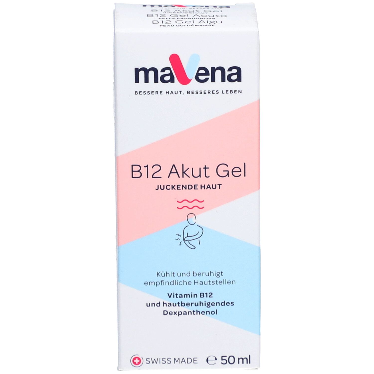 Emballage blanc Mavena B12 Gel. Bandes roses et bleues. Noms des produits.