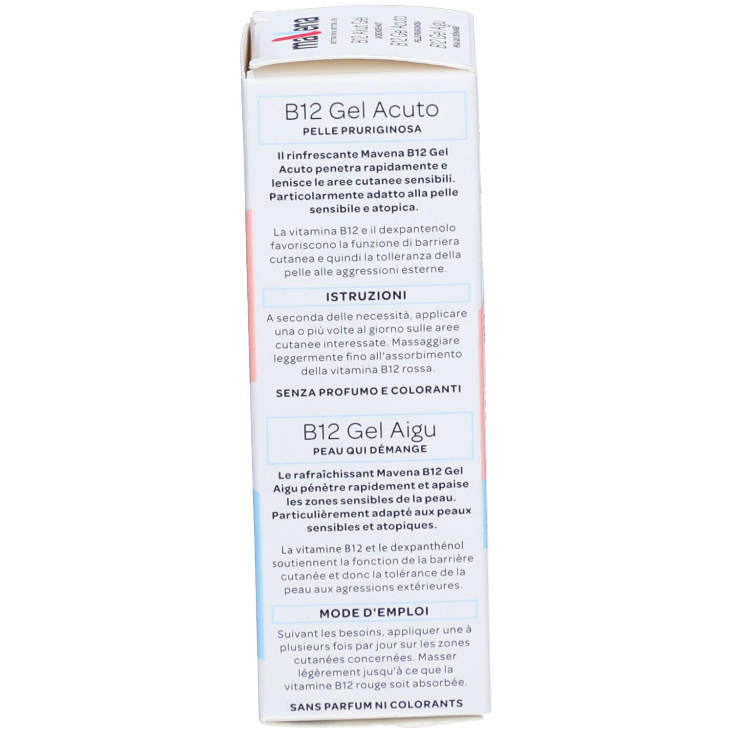 Dos de l'emballage. Texte en allemand, italien et français. Informations sur le produit.