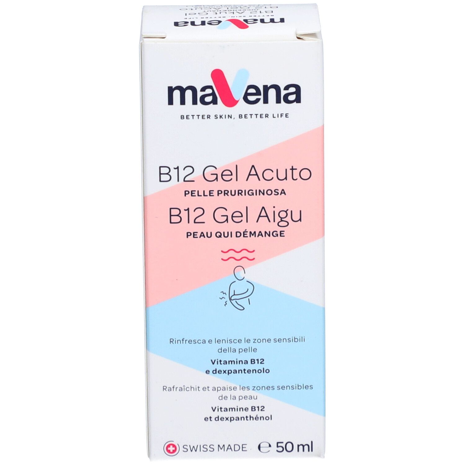 Emballage Mavena B12 Gel. Bandes roses et bleues. Noms de produits et logo.