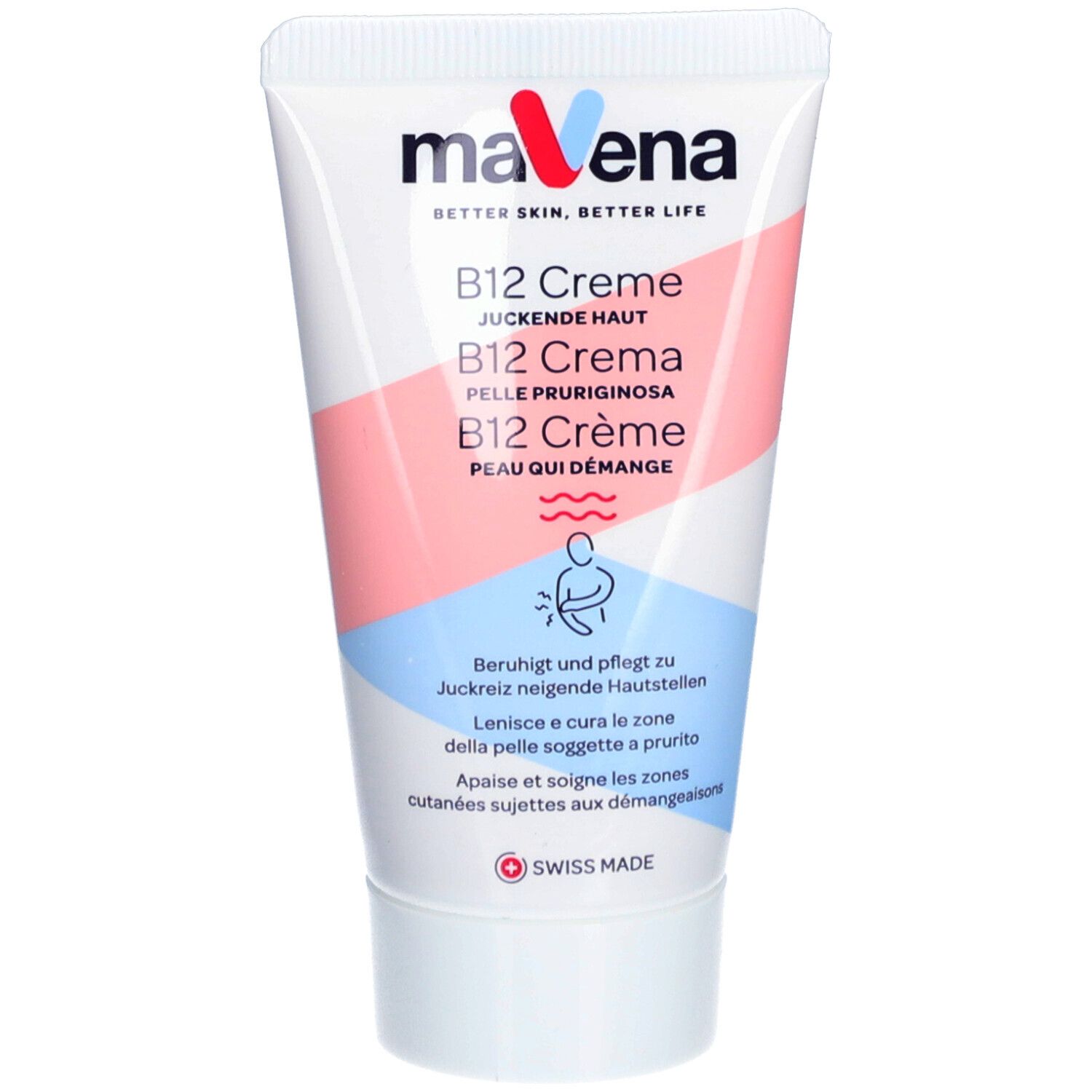 Tube de crème MAVENA B12. Texte : B12 Crème, peau qui démange. Swiss Made. Rose, bleu et blanc. Illustration d'une personne.