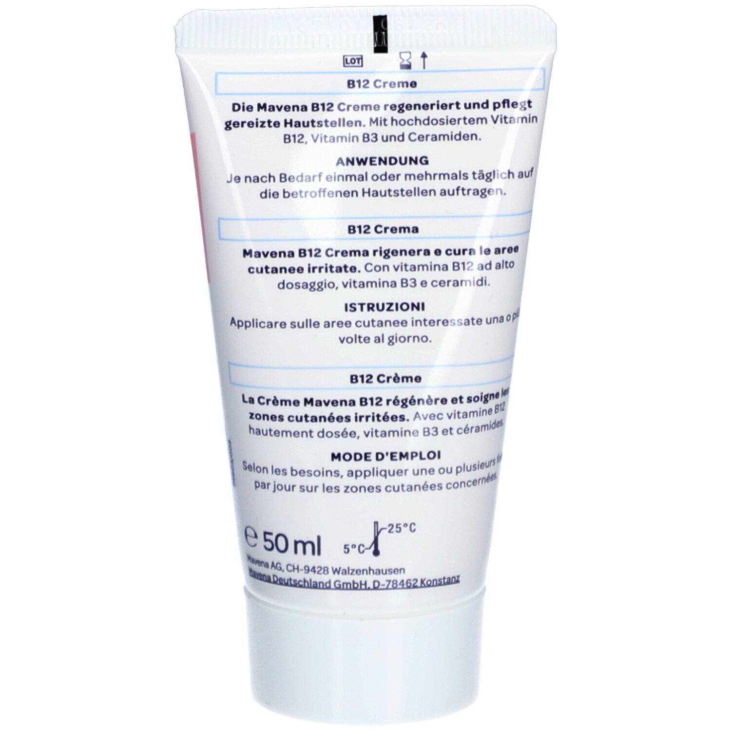 Dos de tube de crème MAVENA B12. Texte : B12 Crème, mode d'emploi, ingrédients. Indications de température. Fond blanc.