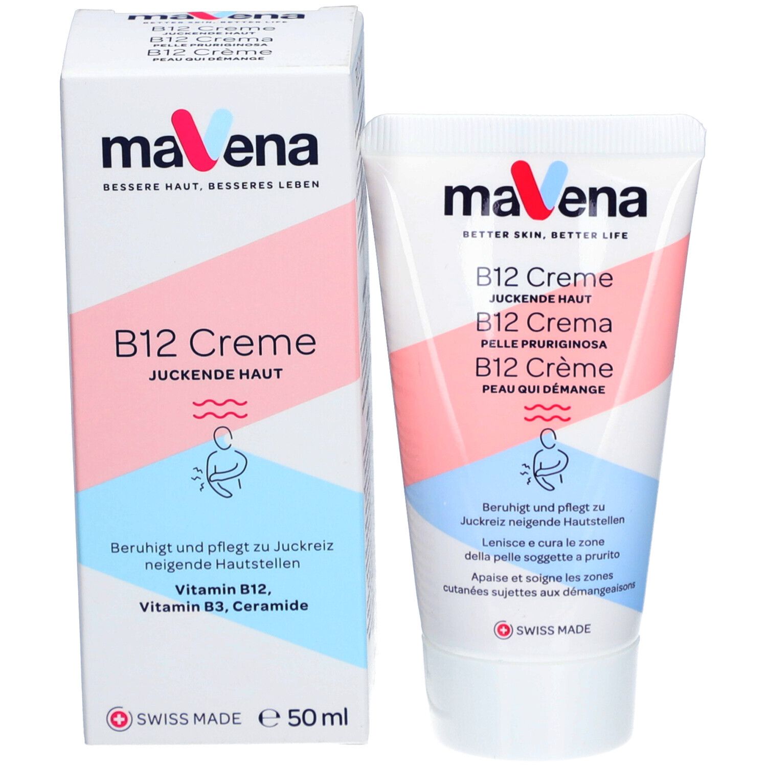 MAVENA B12 Crème et emballage. Texte : B12 Crème, peau qui démange. Rose, bleu et blanc. Swiss Made. 50ml. Illustration d'une personne.