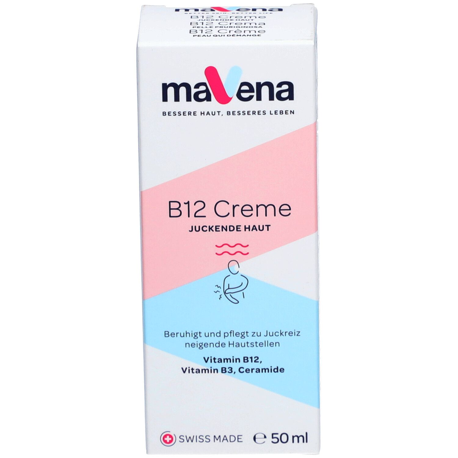 Emballage MAVENA B12 Crème. Texte : B12 Crème, peau qui démange. Rose, bleu et blanc. Swiss Made. 50ml. Illustration d'une personne.
