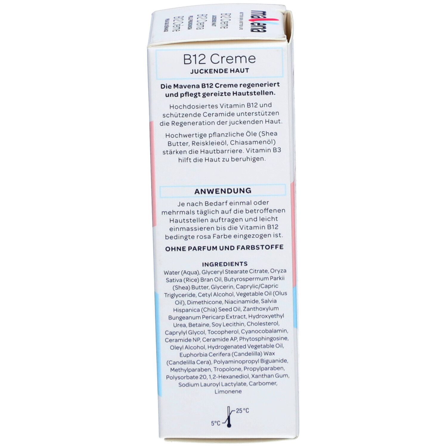 Dos de l'emballage MAVENA B12 Crème. Texte : B12 Crème, ingrédients, mode d'emploi. Sans parfum ni colorants. Indications de température.
