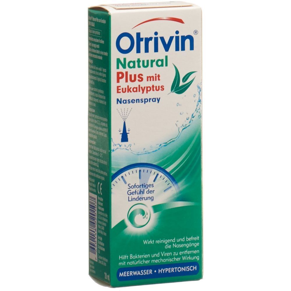 OTRIVIN Natural PLUS met Eucalyptus Neusspray doos. Zeewater, hypertone oplossing.