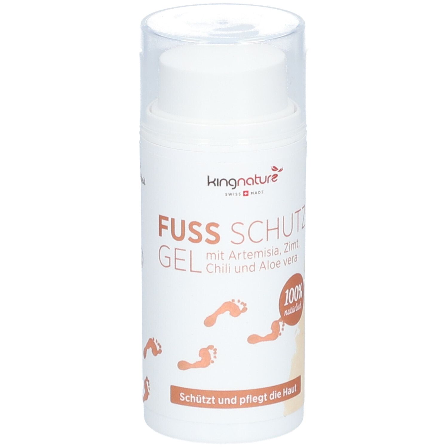 Flacon cylindrique blanc avec bouchon transparent. Inscription: FUSS SCHUTZ GEL, kingnature, 100% naturel. Empreintes de pieds.