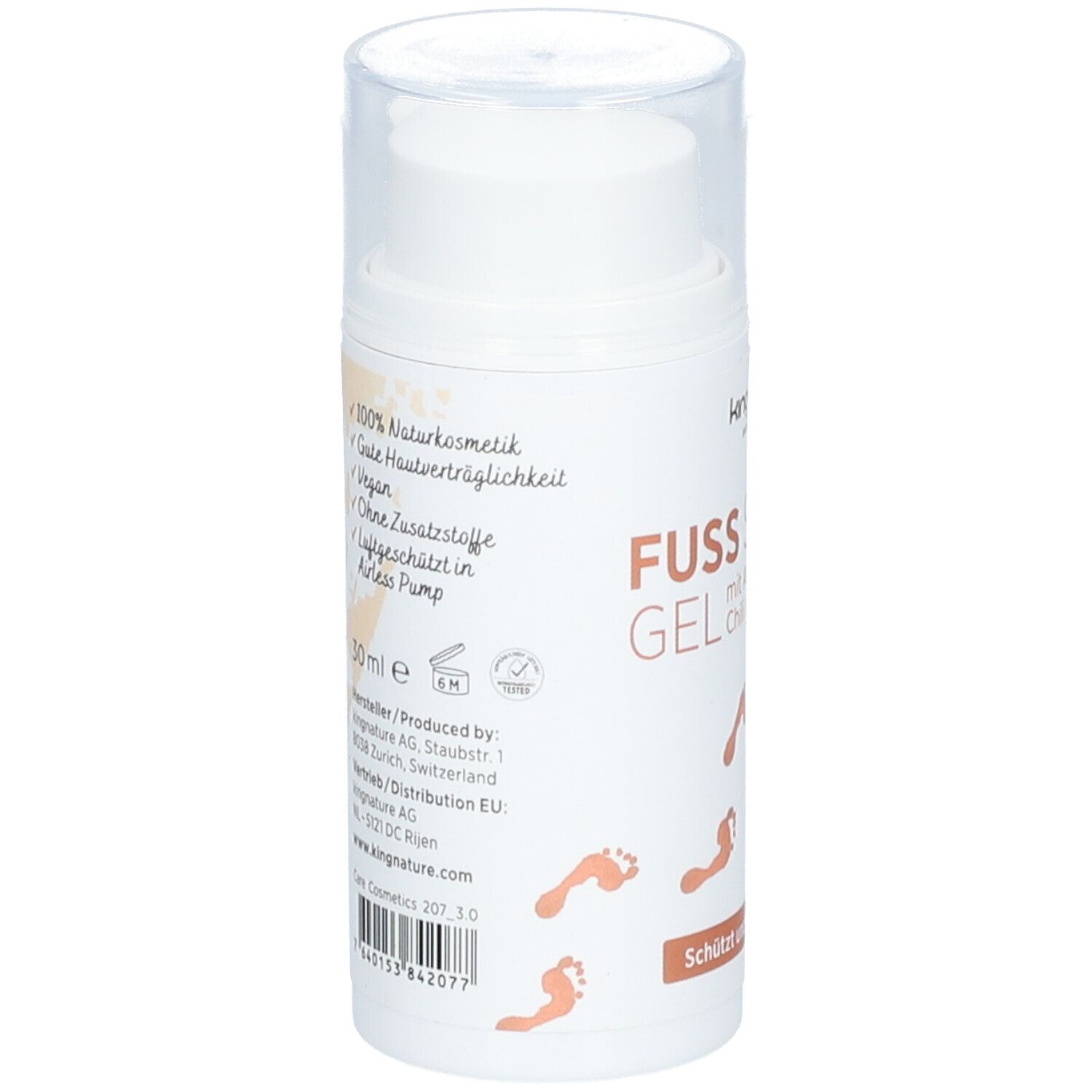 Flacon cylindrique blanc avec bouchon transparent. Inscription: FUSS SCHUTZ GEL, kingnature. Informations et logos supplémentaires.