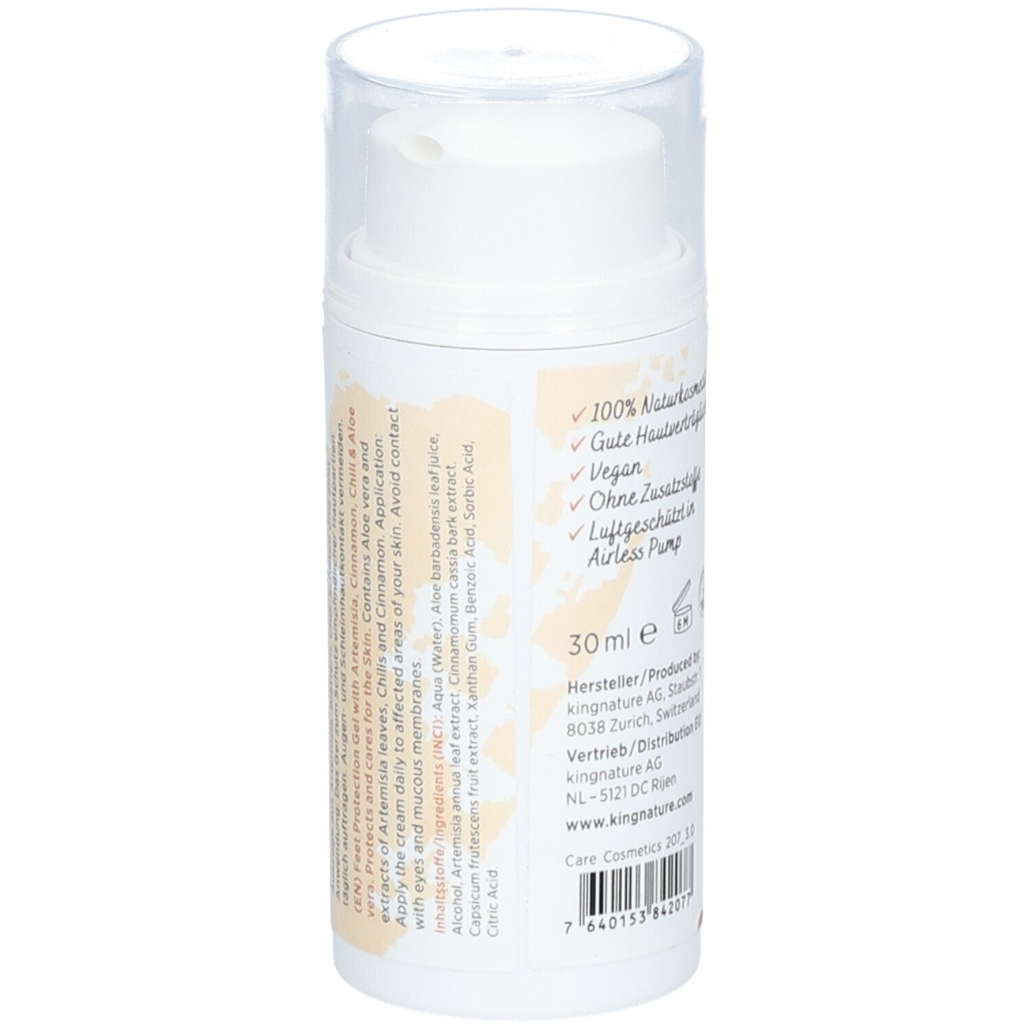 Flacon cylindrique blanc avec bouchon transparent. Inscription: 30 ml, kingnature. Informations et logos supplémentaires.