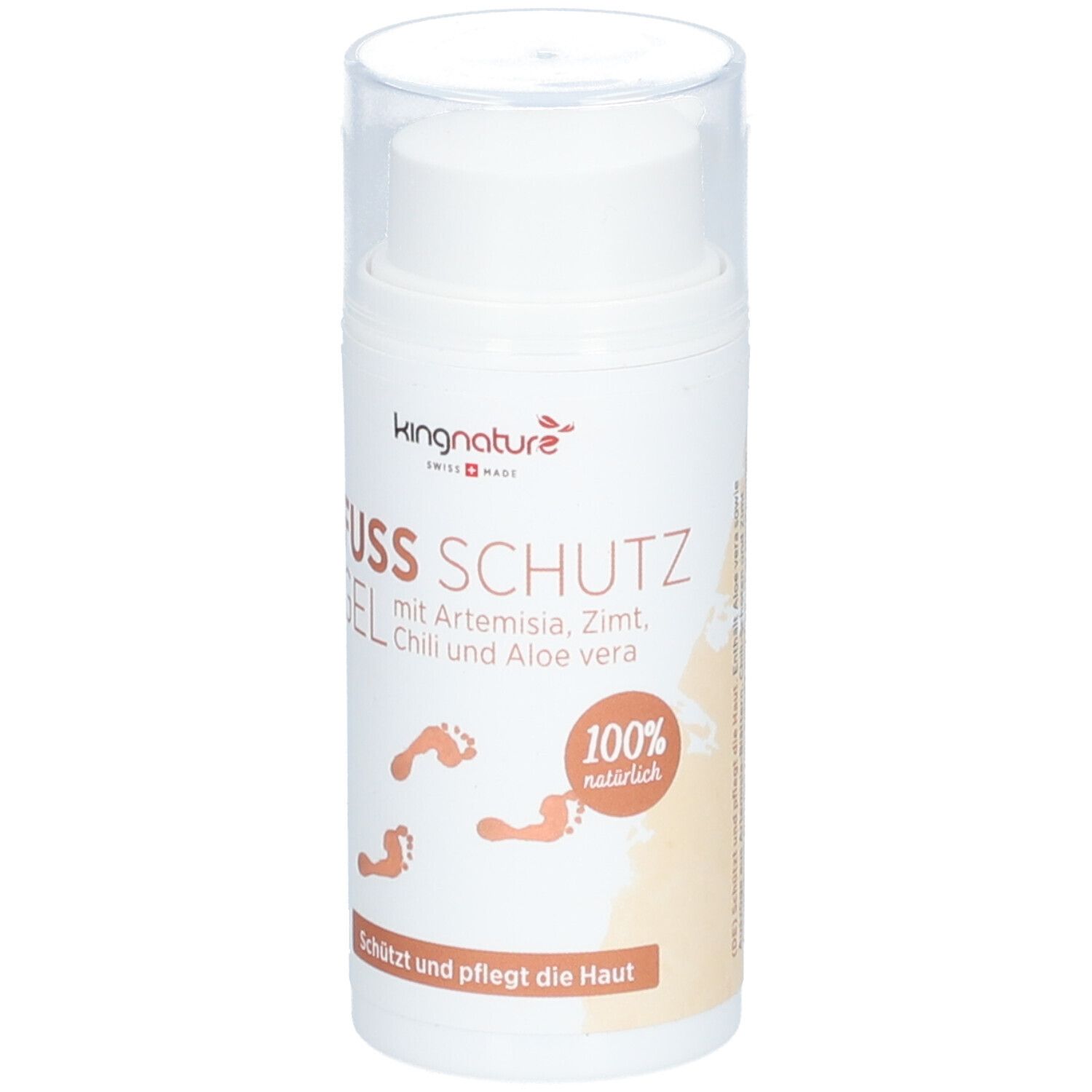 Flacon cylindrique blanc avec bouchon transparent. Inscription: FUSS SCHUTZ GEL, kingnature, 100% naturel. Empreintes de pieds.
