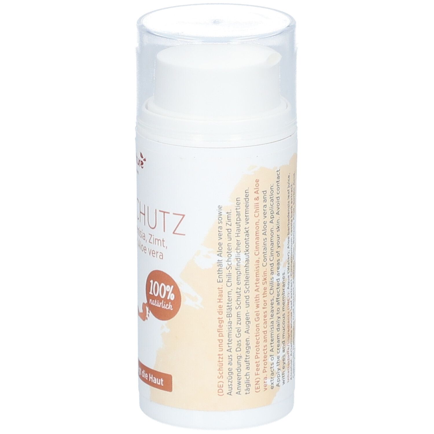 Flacon cylindrique blanc avec bouchon transparent. Inscription: FUSS SCHUTZ GEL, kingnature, 100% naturel. Texte en anglais.