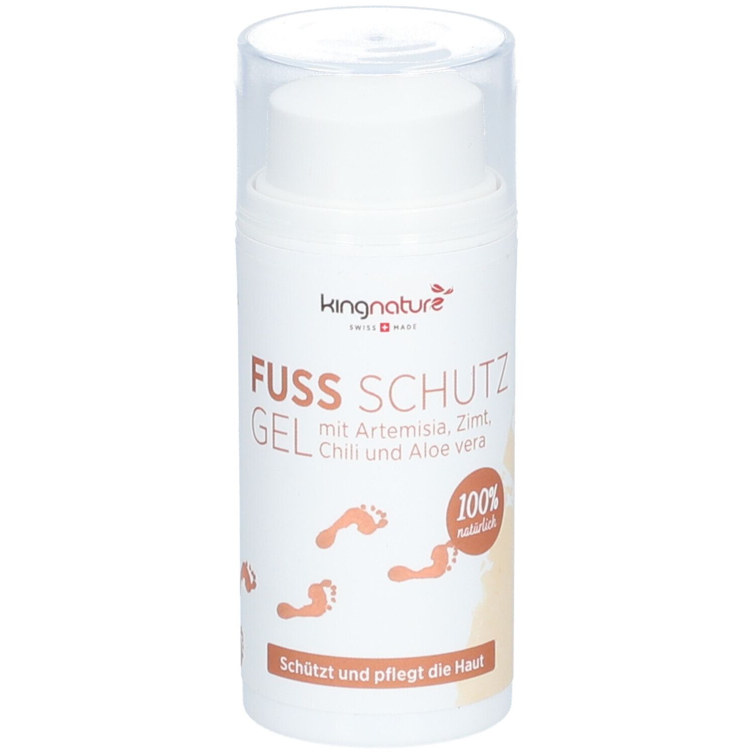 Flacon cylindrique blanc avec bouchon transparent. Inscription: FUSS SCHUTZ GEL, kingnature, 100% naturel. Empreintes de pieds.