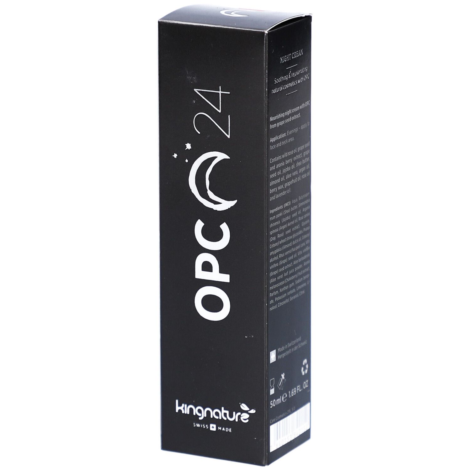 Emballage noir avec texte blanc "OPC 24", symbole lune et étoiles. Croix suisse en haut. Marque : kingnature.