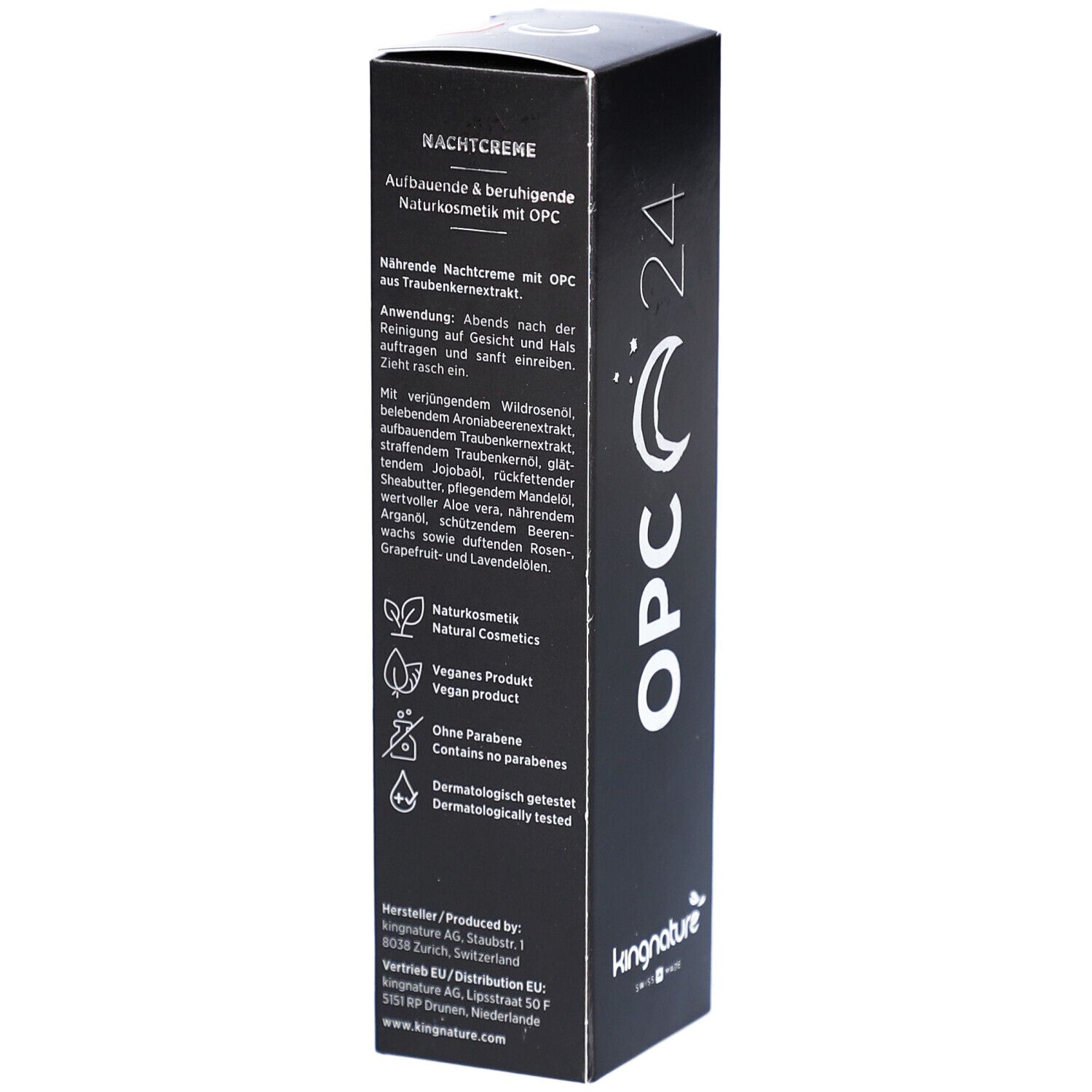 Emballage noir avec texte. Contient ingrédients et zone d'application. En bas : 50 ml, 1.69 fl.oz. Marque : kingnature. Fabriqué en Suisse.