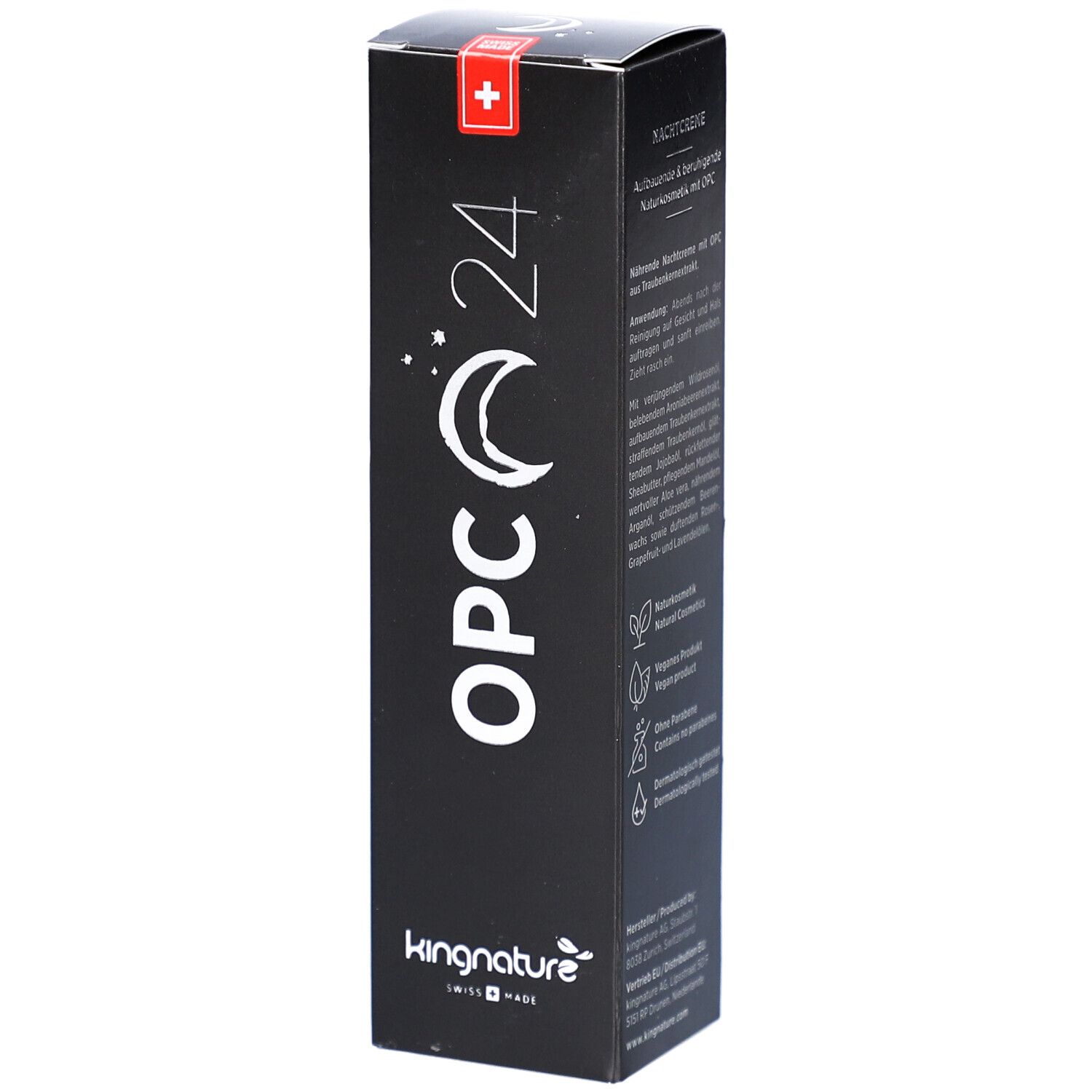 Emballage noir avec texte blanc "OPC 24", symbole lune et étoiles. Marque : kingnature. Croix suisse en haut.