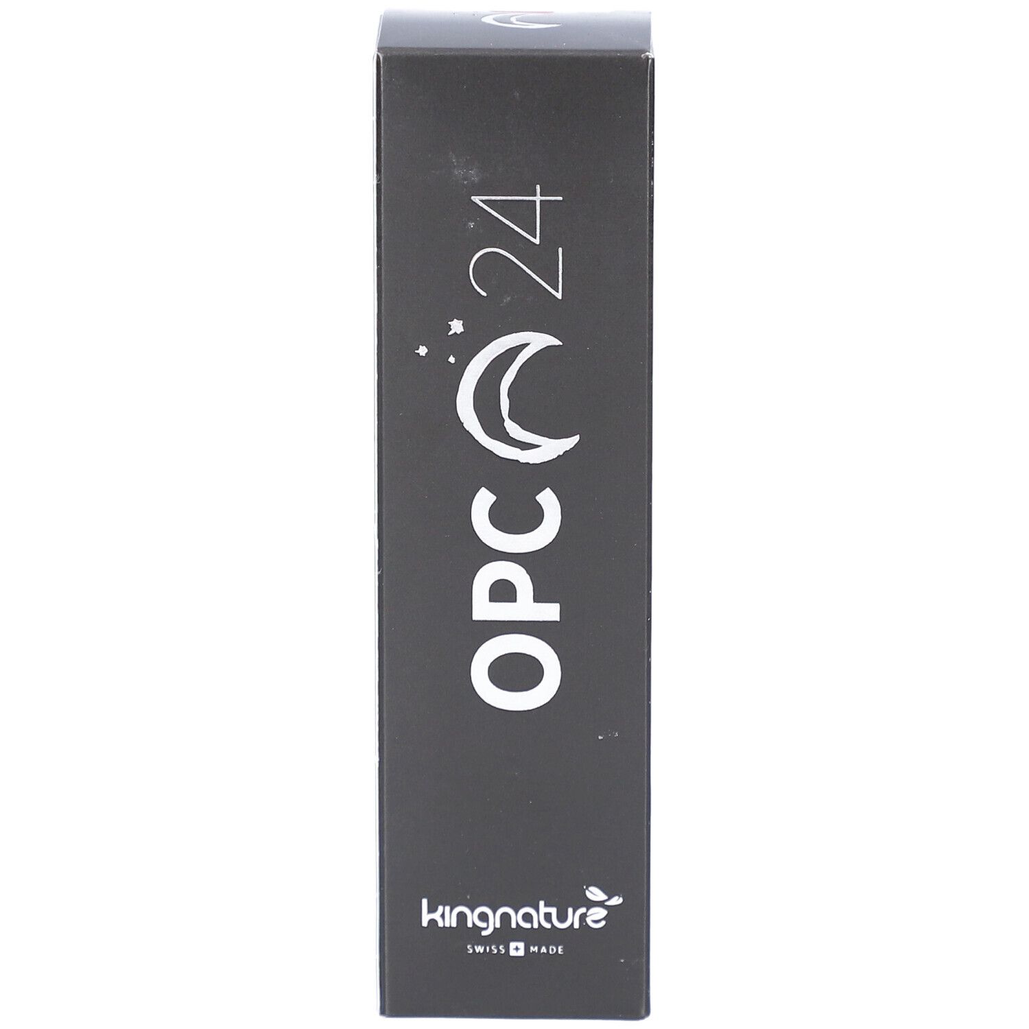 Emballage noir avec texte blanc "OPC 24", symbole lune et étoiles. Croix suisse en haut. Marque : kingnature.