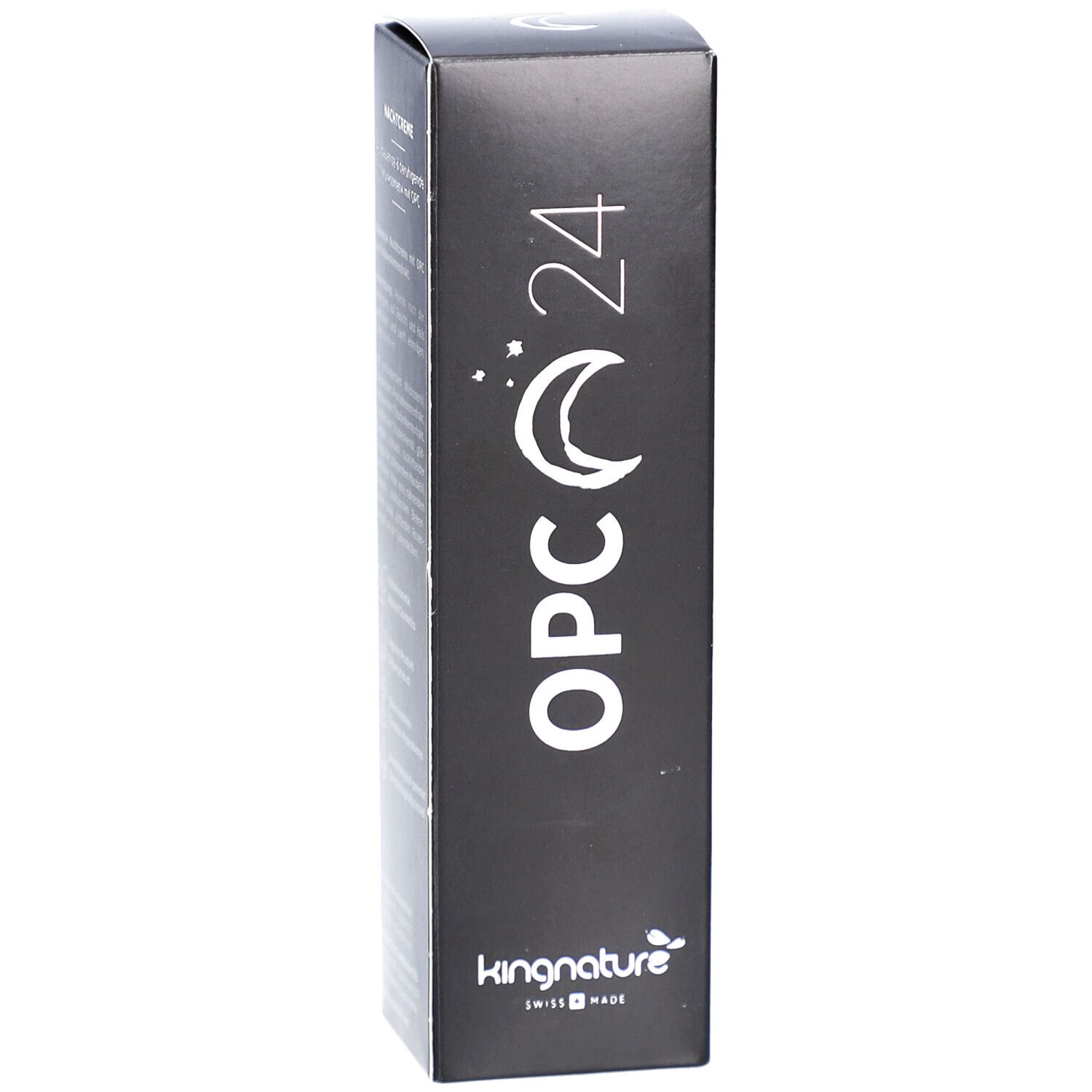 Emballage noir avec texte blanc "OPC 24", symbole lune et étoiles. Croix suisse en haut. Marque : kingnature.