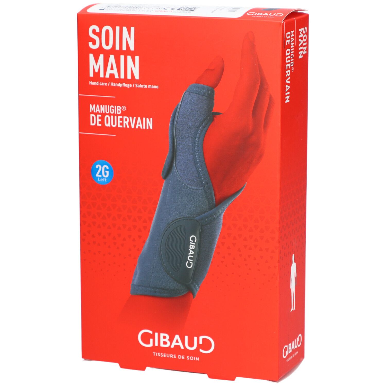 Boîte d'une orthèse de main bleue avec ouverture pour le pouce, taille 2G, marque GIBaud.