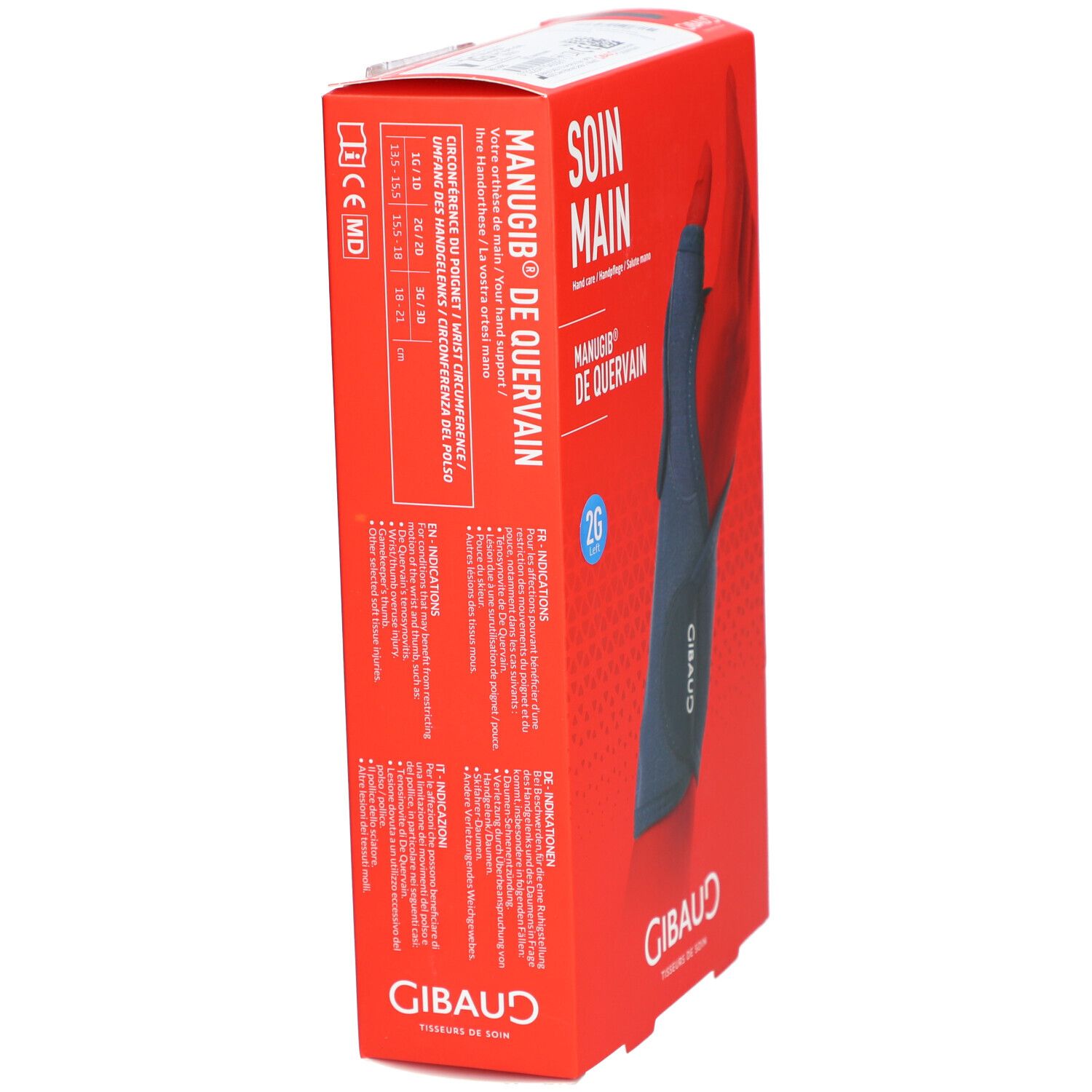 Arrière de la boîte d'une orthèse de main bleue, taille 2G, marque GIBaud.