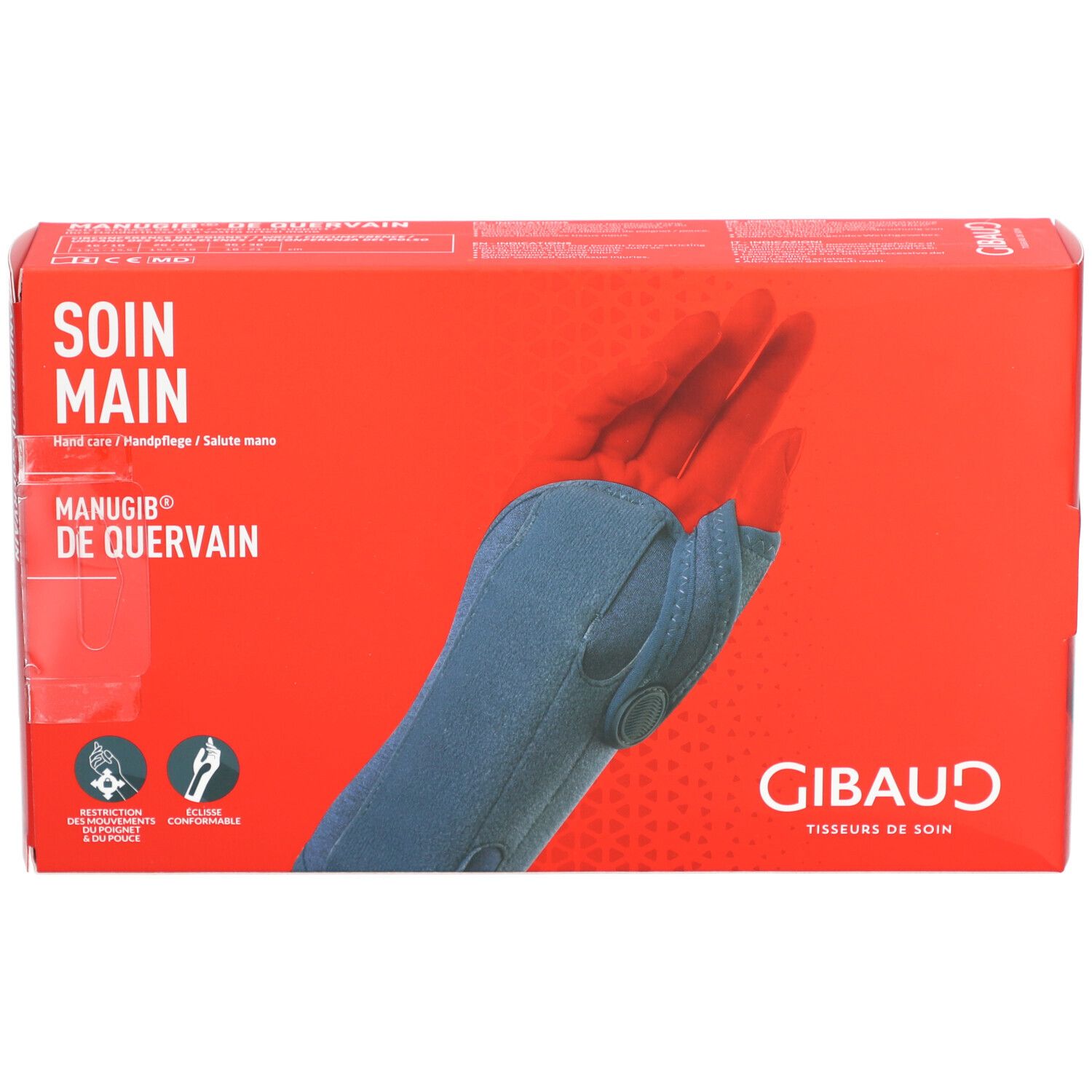 Boîte d'une orthèse de main bleue avec ouverture pour le pouce, marque GIBaud.