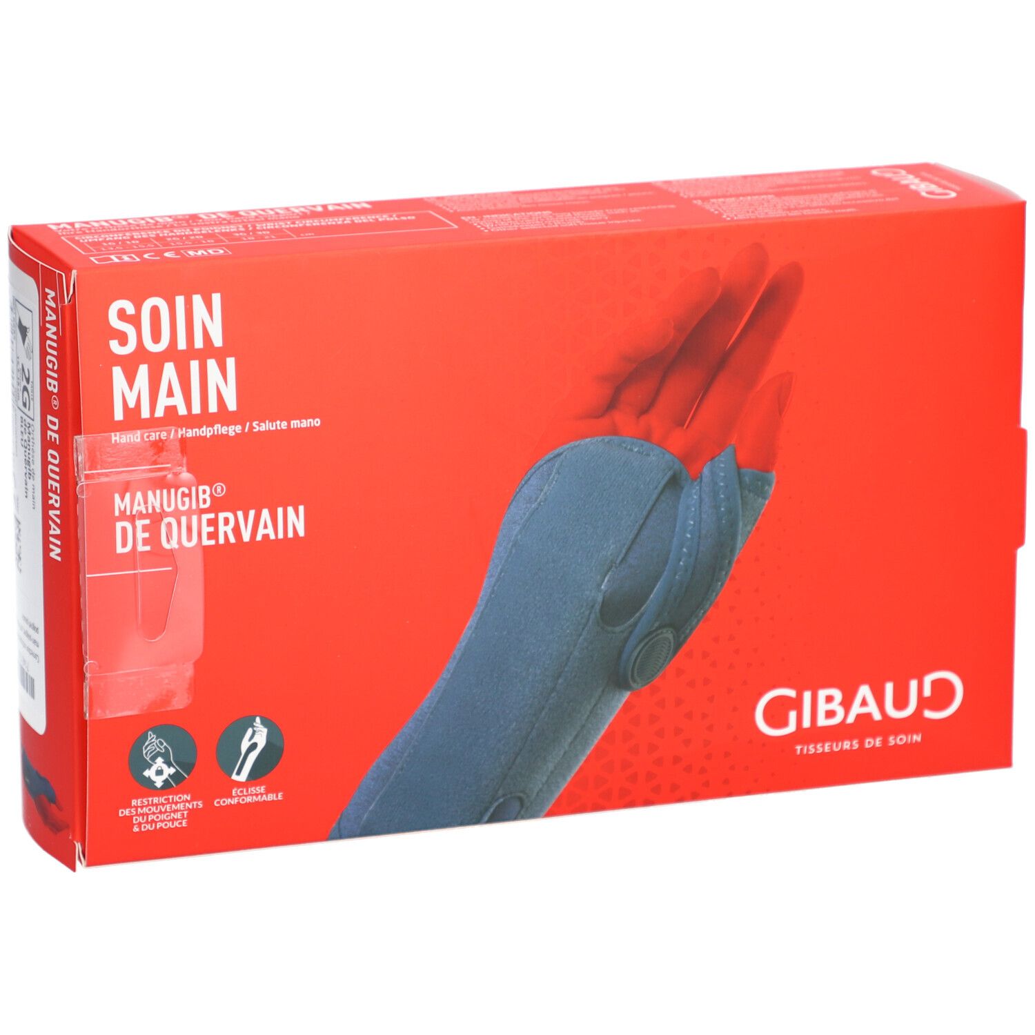 Boîte d'une orthèse de main bleue avec ouverture pour le pouce, marque GIBaud.