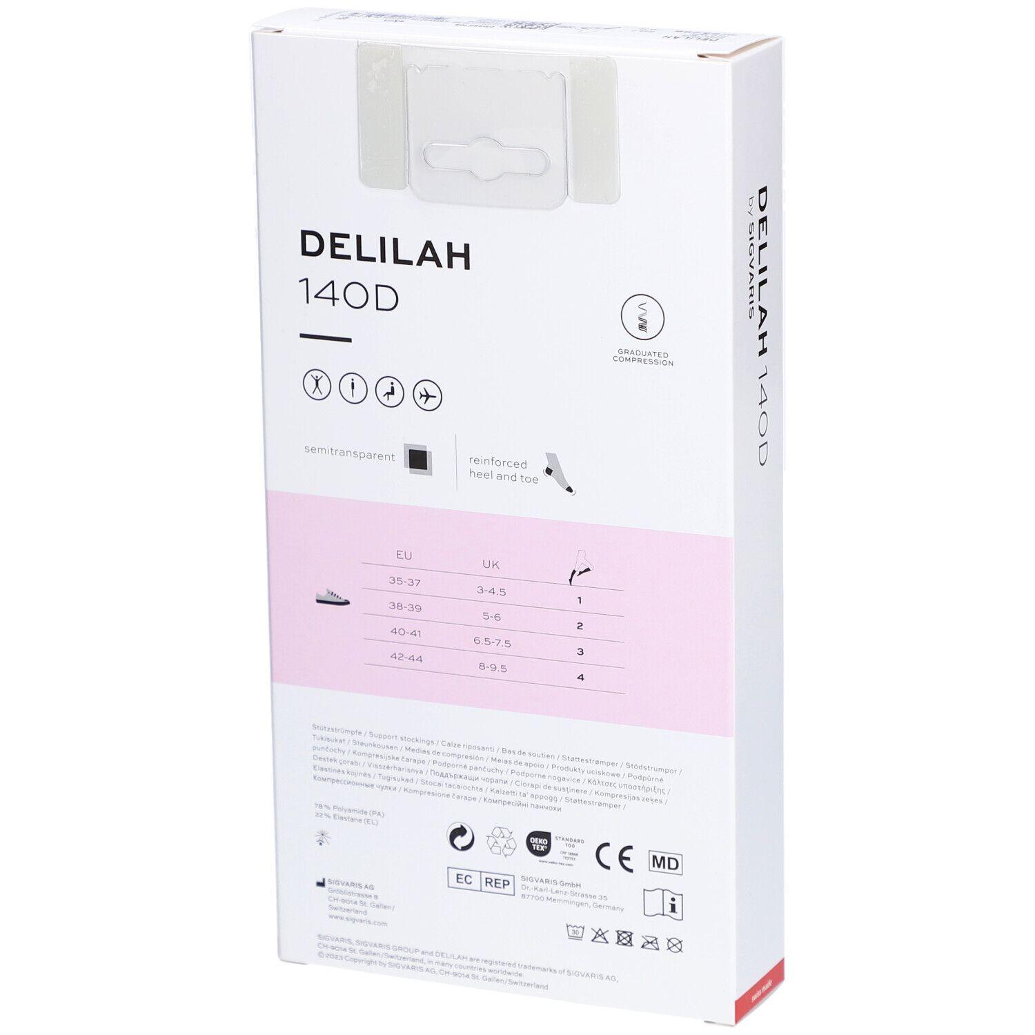 Boîte, dos. Inscription: DELILAH 140D. Pictogrammes et tableau des tailles. Marquage CE et autres symboles.