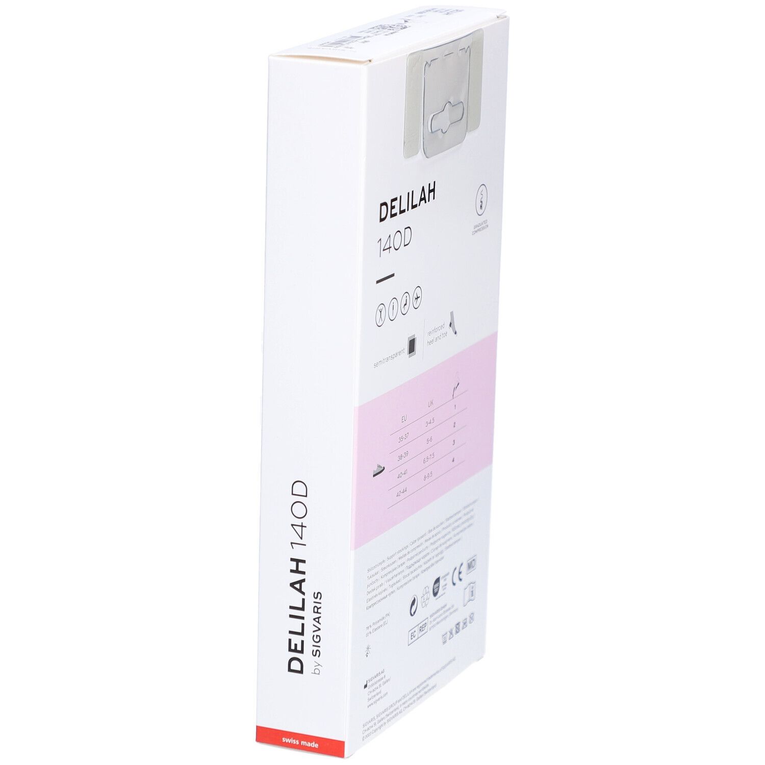 Boîte, vue latérale. Inscription: DELILAH 140D. Pictogrammes et tableau des tailles. Marquage CE et autres symboles.