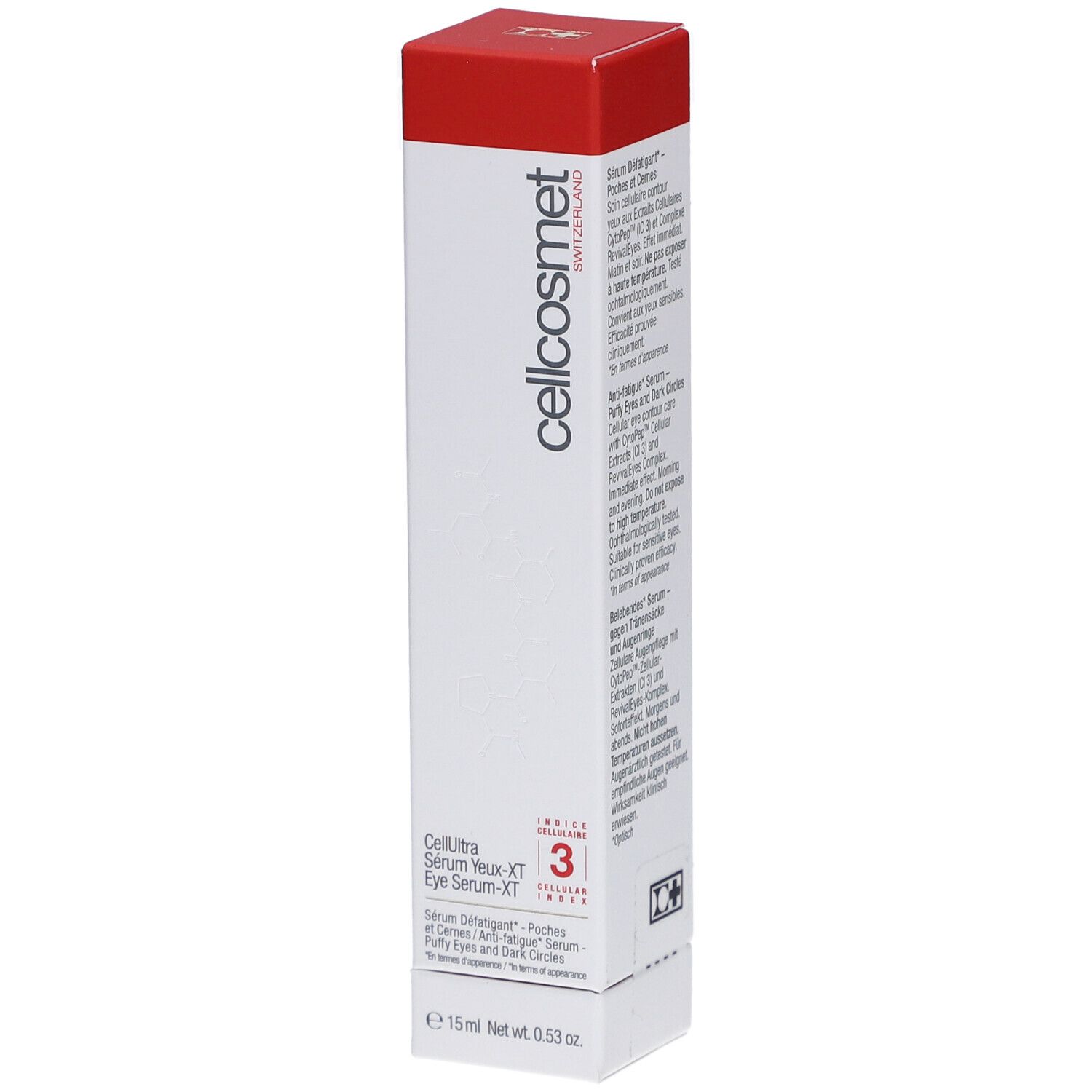 Witte doos met rode deksel. Opschrift "cellcosmet" en productnaam. Bevat 15ml. Zwitsers product.