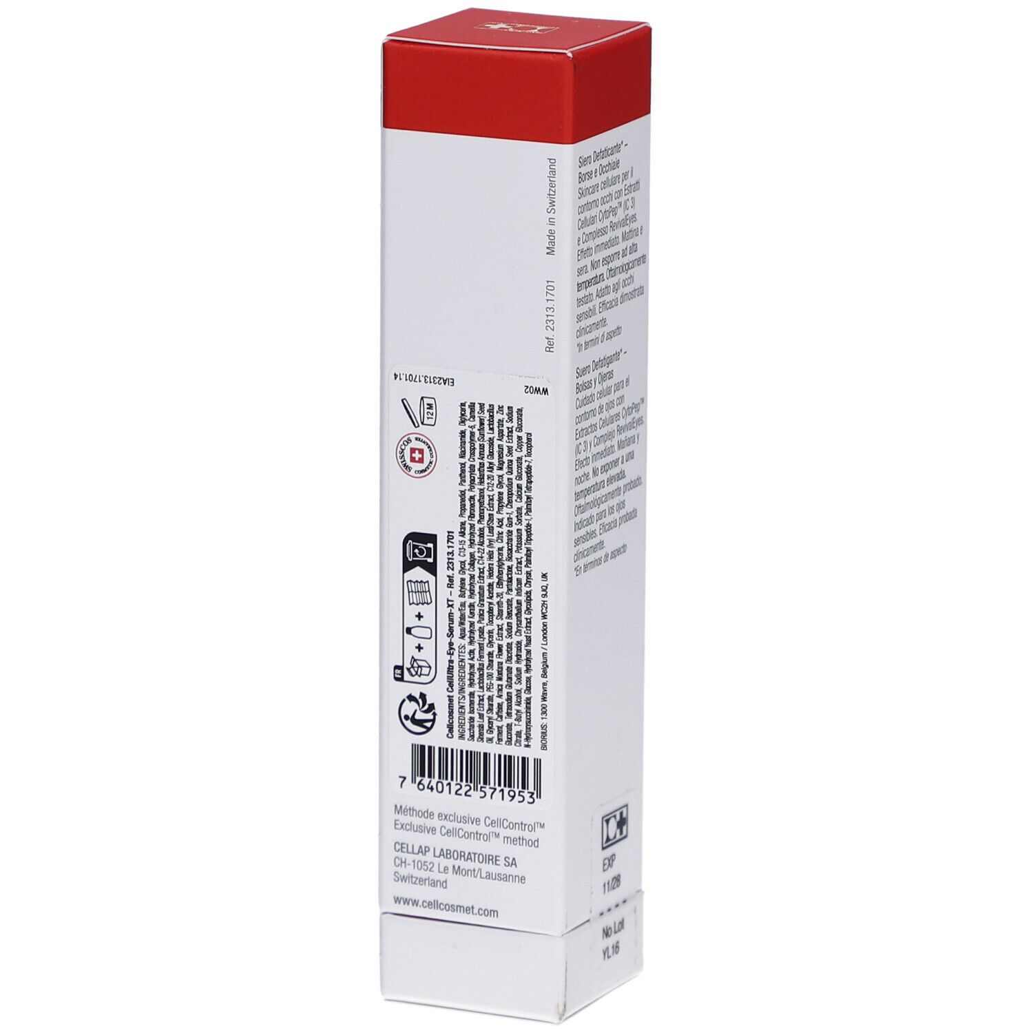 Achterkant van de productverpakking. Bevat informatie in verschillende talen. Met barcode en fabrikantenadres.