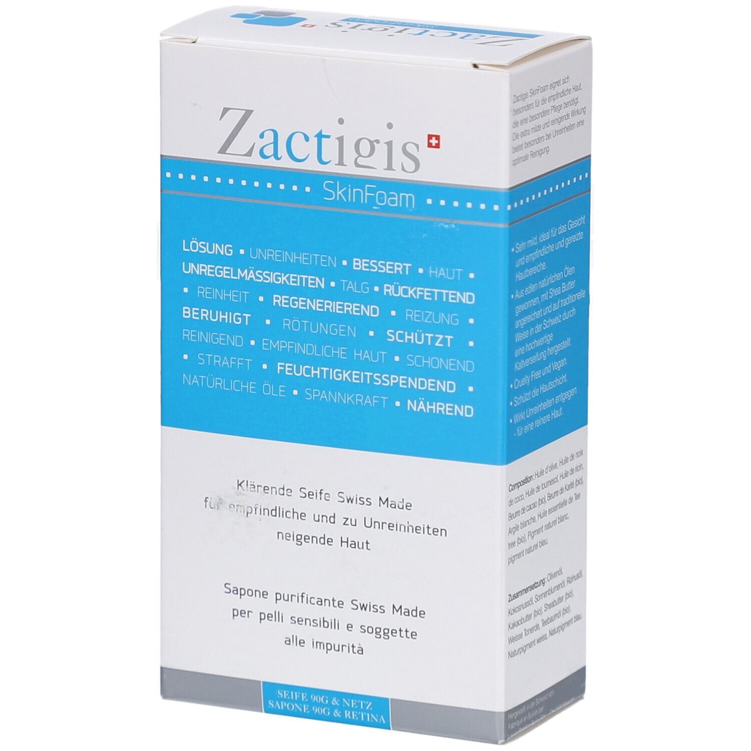 Wit en blauw doosje. Opschrift: Zactigis SkinFoam. Tekst in het Duits, Frans en Italiaans. Zuiverende zeep voor de gevoelige huid.