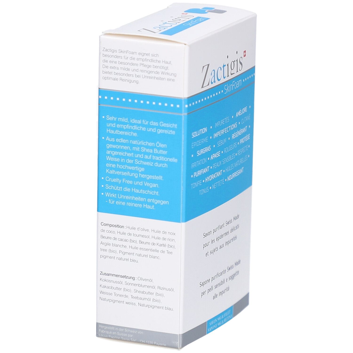 Wit en blauw doosje. Opschrift: Zactigis SkinFoam. Tekst in het Duits, Frans en Italiaans. Schuine weergave van het product.