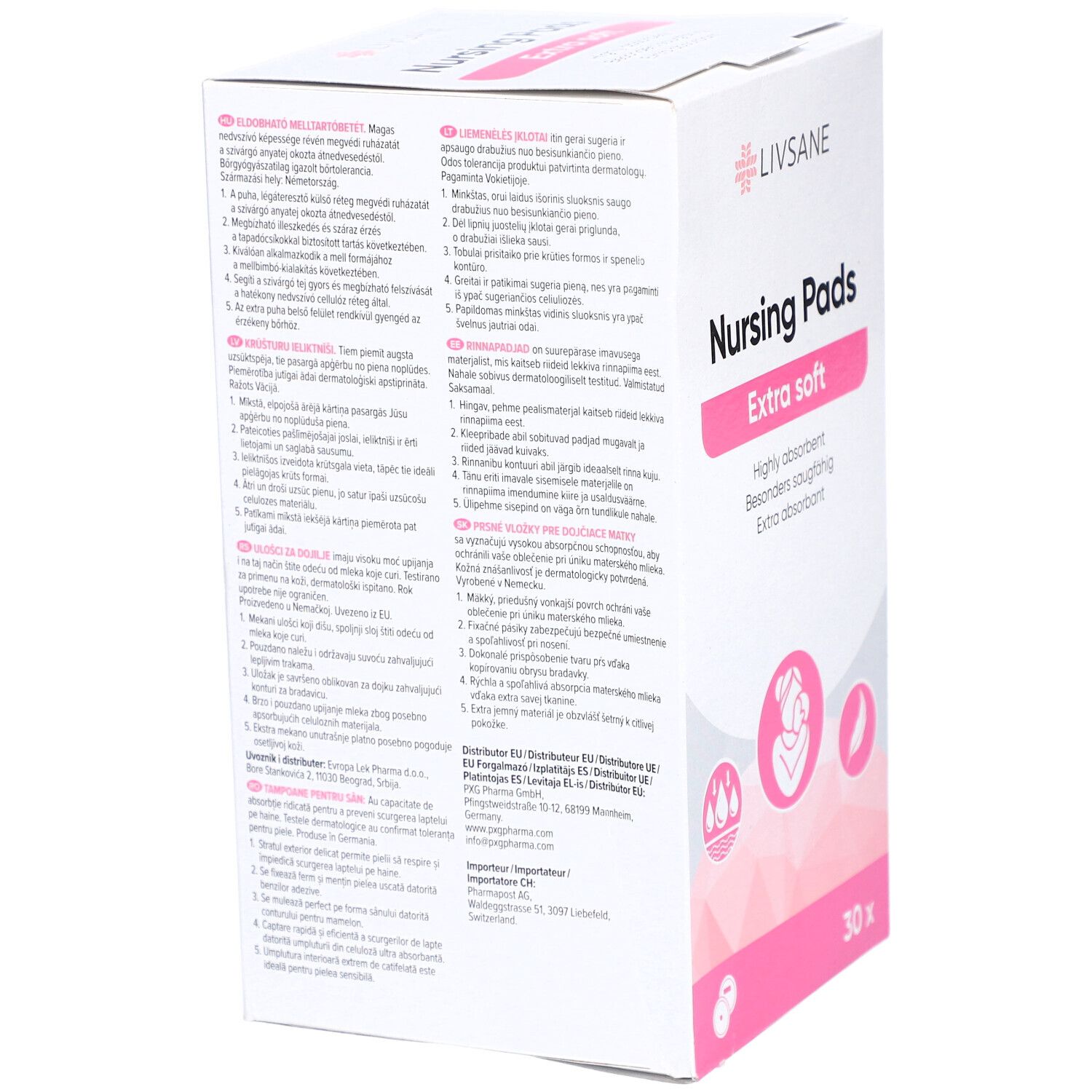 Verpakking met tekst. Merk Livsane, opschrift 'Nursing Pads Extra soft'. Tekst in meerdere talen.