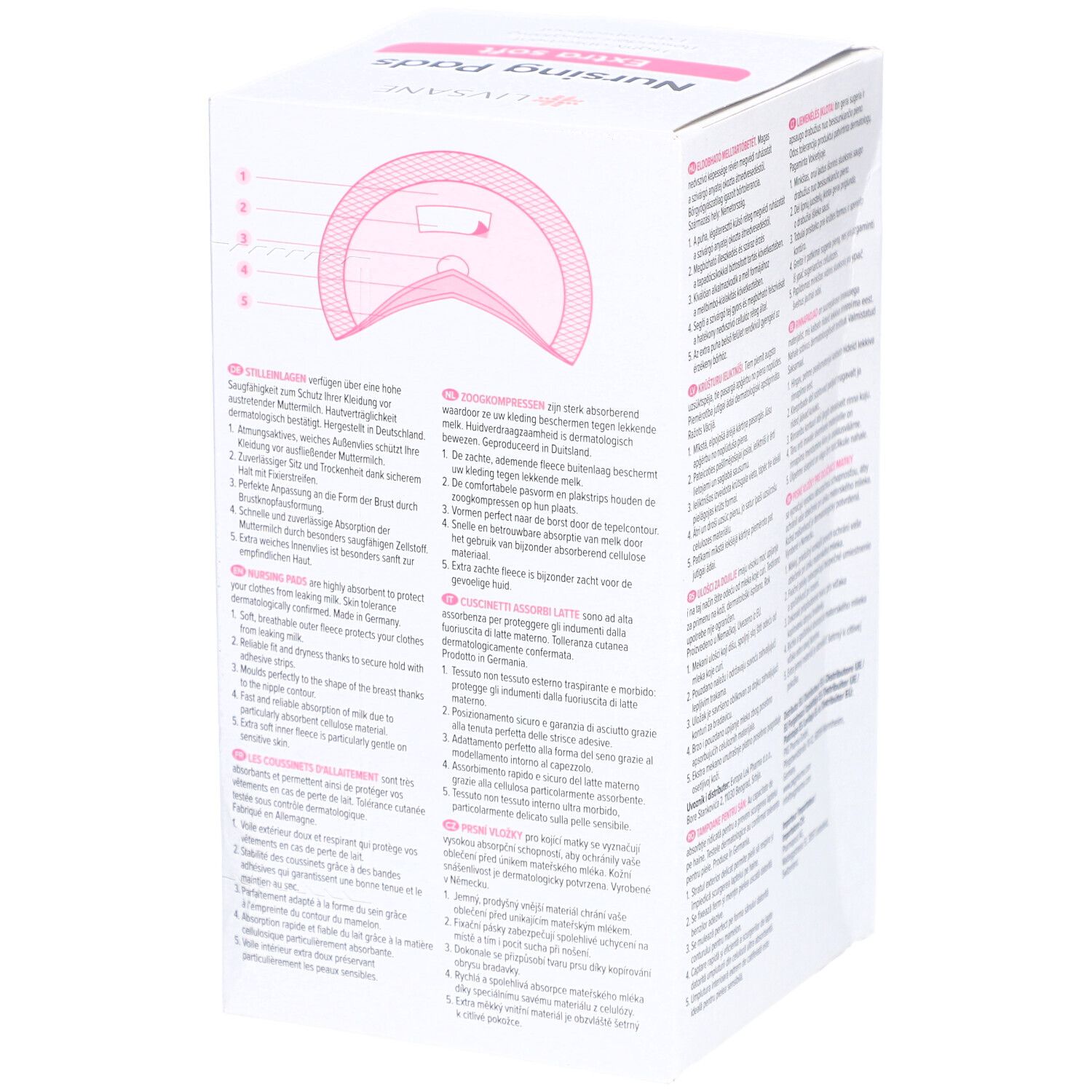 Verpakking met tekst en illustraties. Merk Livsane, opschrift 'Nursing Pads Extra soft'.