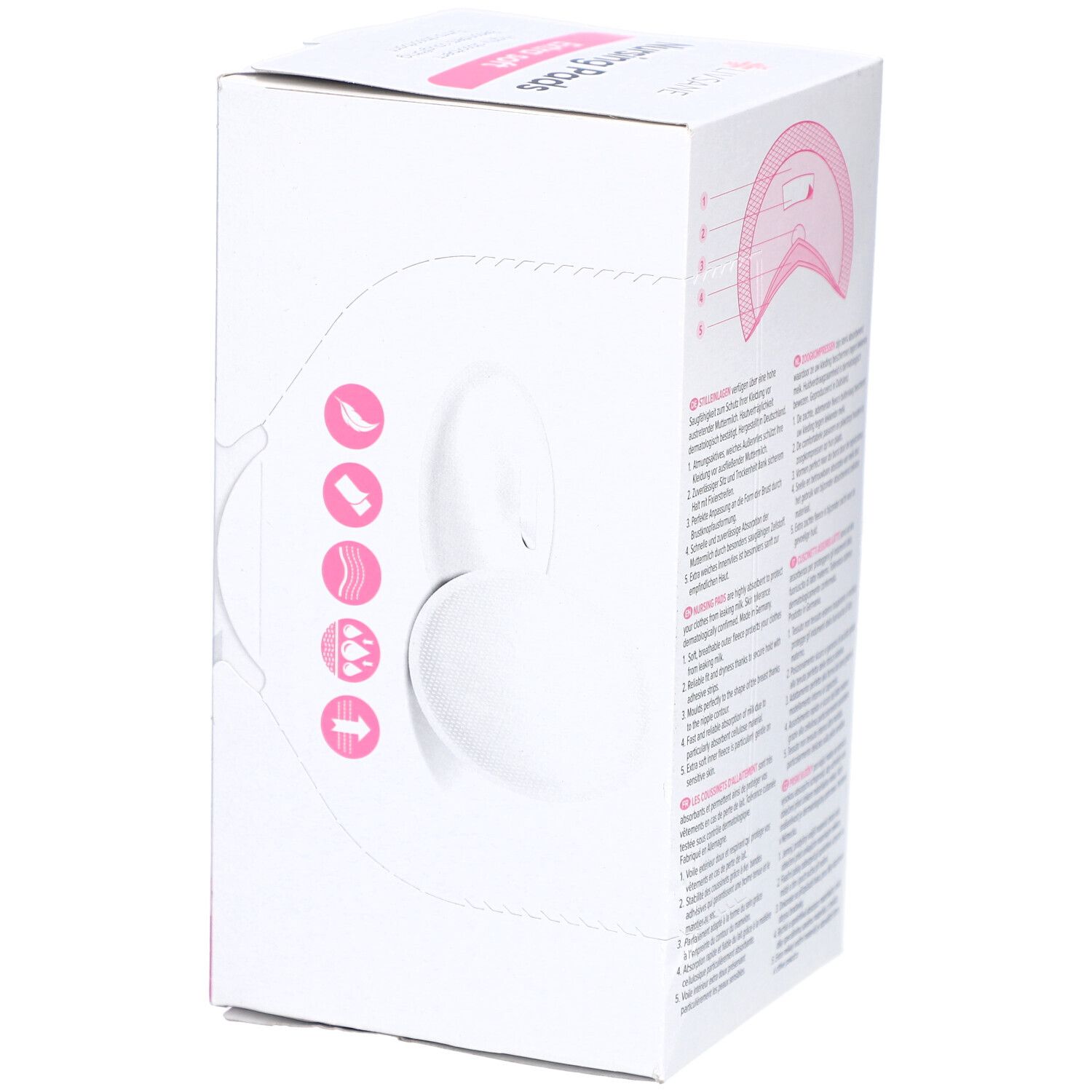 Verpakking met tekst en illustraties. Merk Livsane, opschrift 'Nursing Pads Extra soft'.