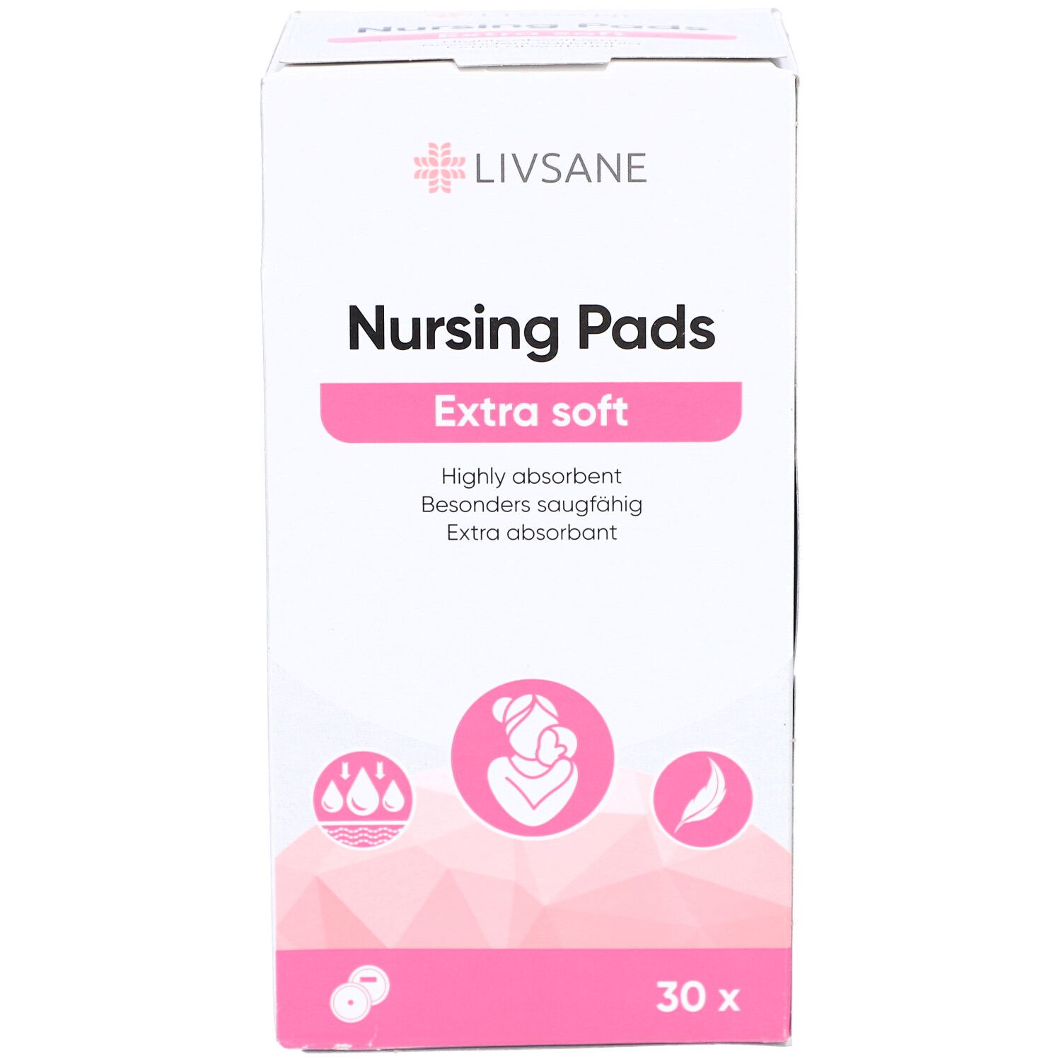 Verpakking met zoogcompressen. Merk Livsane, opschrift 'Nursing Pads Extra soft'. 30 stuks.