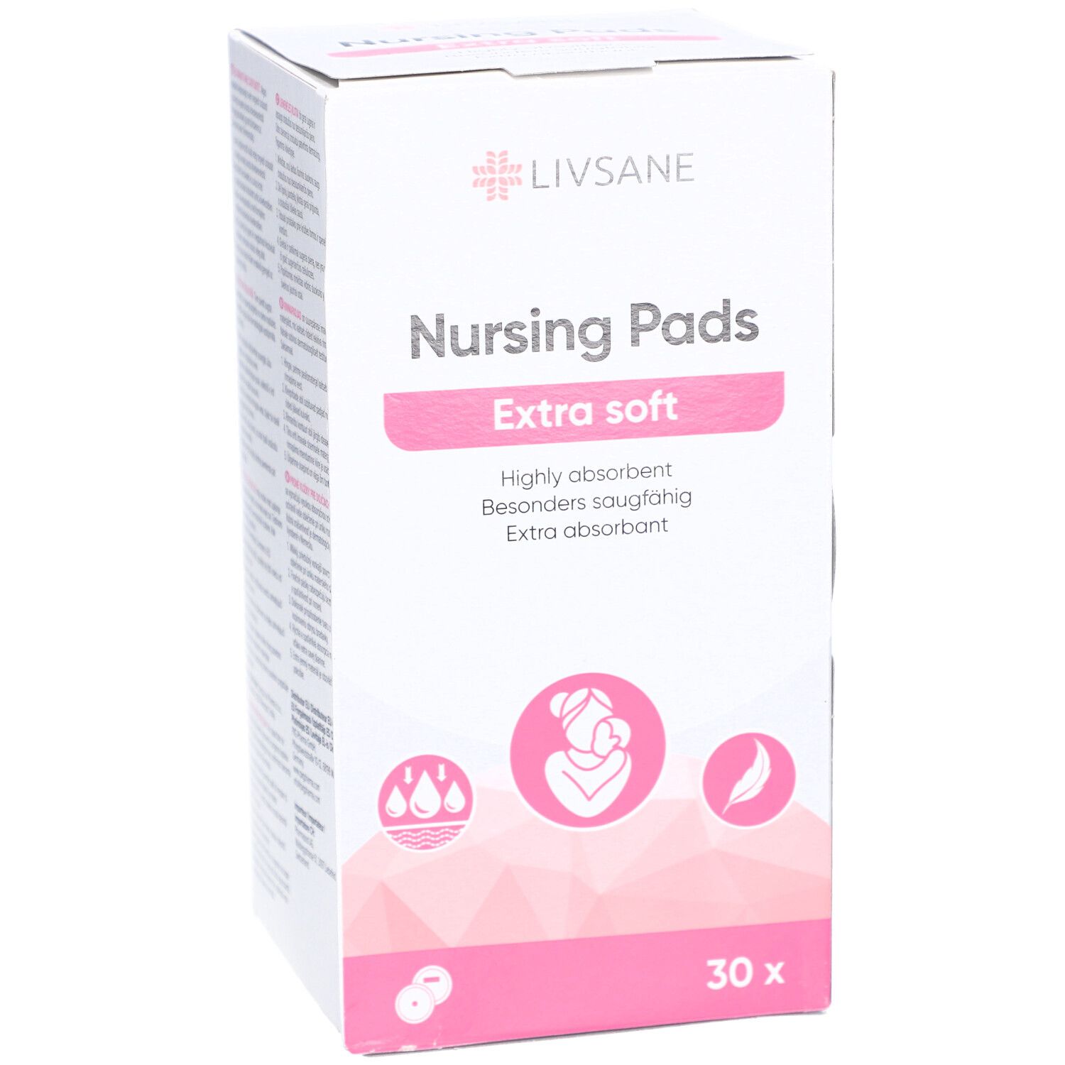 Verpakking met zoogcompressen. Merk Livsane, opschrift 'Nursing Pads Extra soft'. 30 stuks.