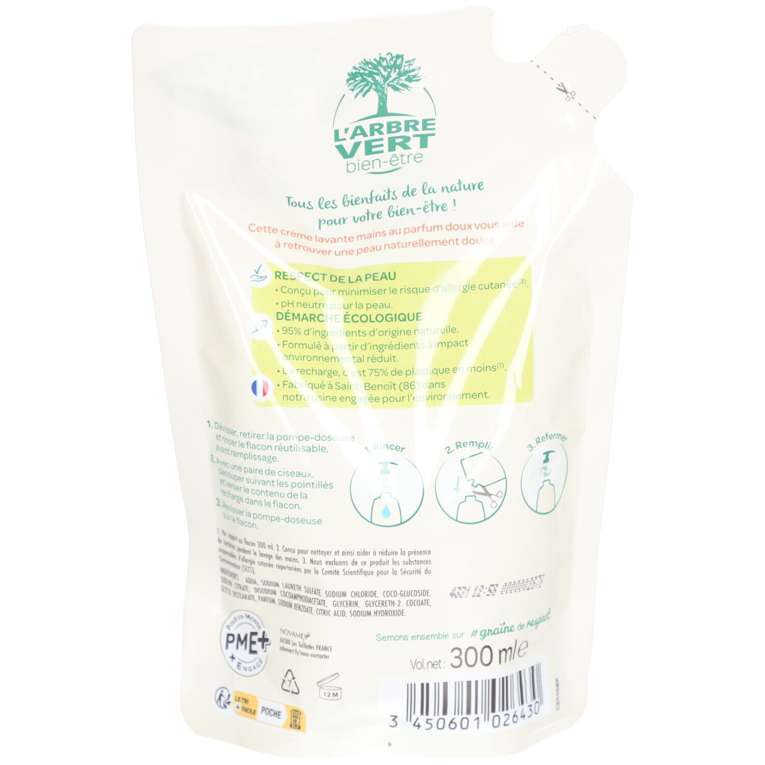 Dos de la recharge. Texte, illustrations et informations environnementales. 300 ml.