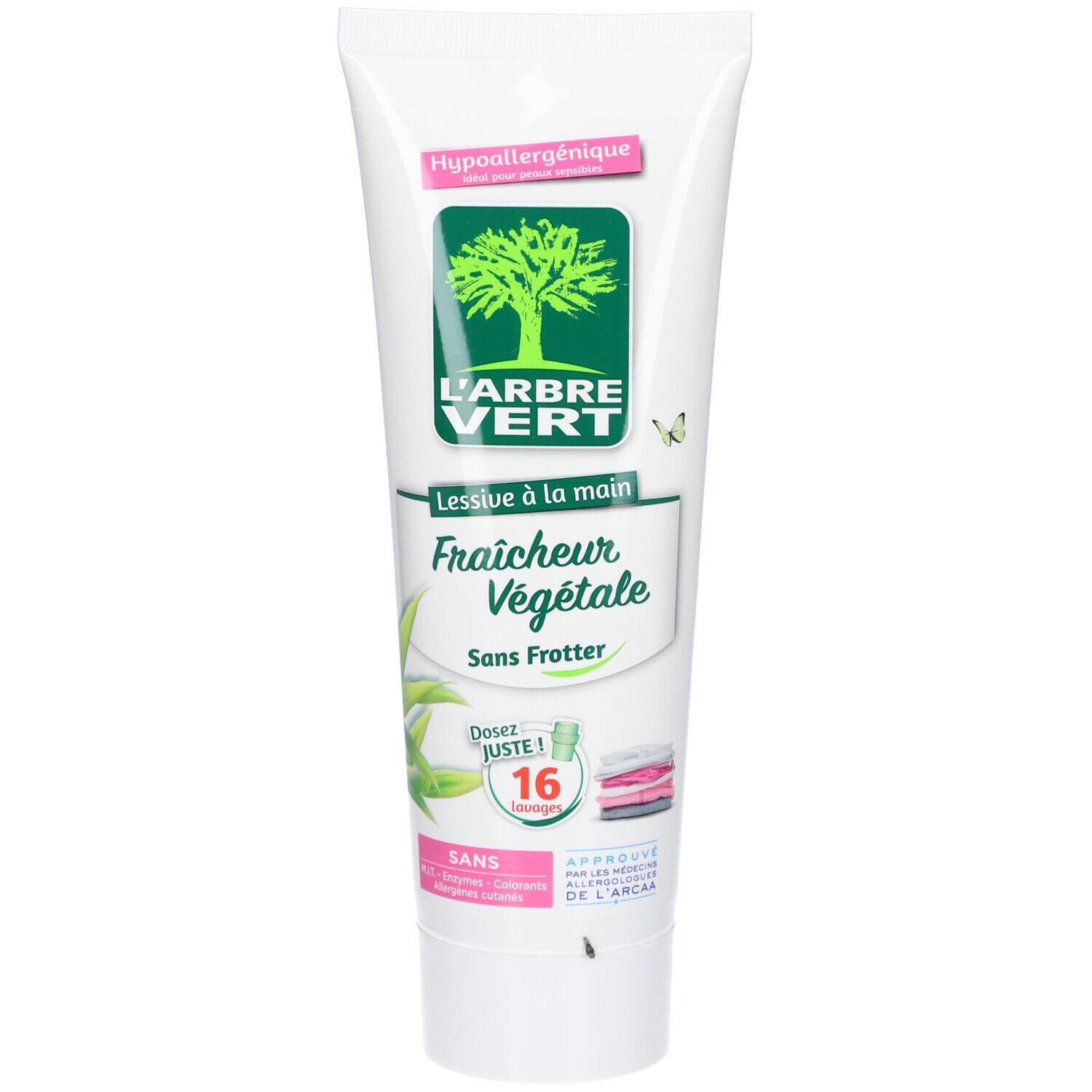 Tube blanc avec logo vert et texte. Étiquette rose 'Hypoallergénique'. Nom du produit et 'Fraîcheur Végétale' visibles.