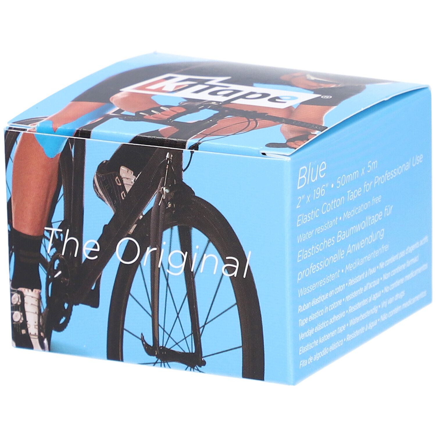 Boîte de K-TAPE bleue. Inscription: The Original, 2" x 196", 50mm x 5m, Elastic Cotton Tape for Professional Use.