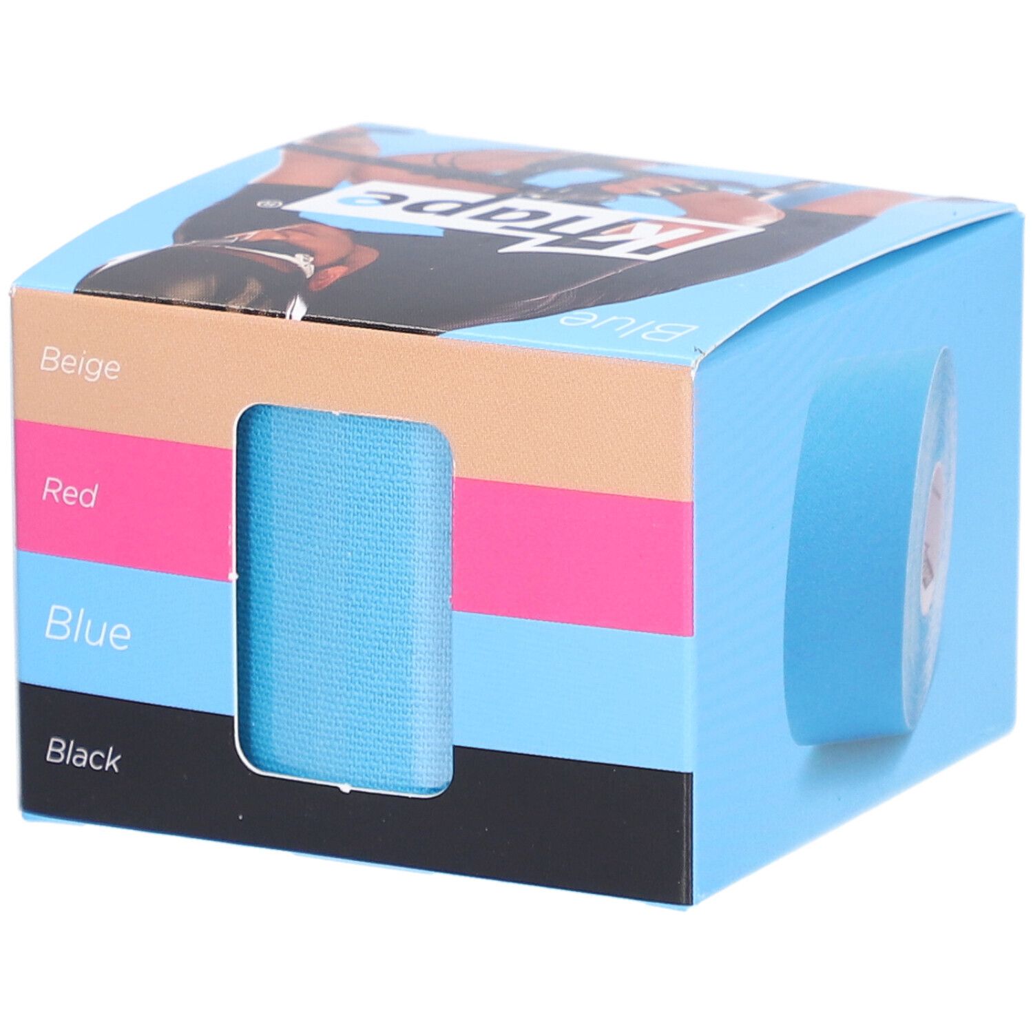 Rouleau de K-TAPE dans l'emballage. Couleurs: Beige, Rouge, Bleu, Noir. Produit: 5cm x 5m.
