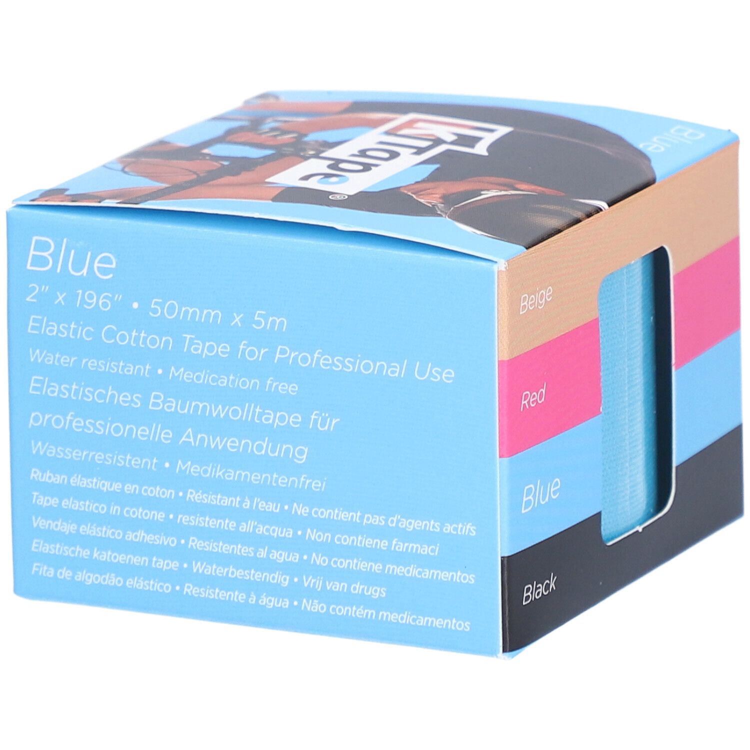 Emballage K-TAPE. Inscription: Bleu, 2" x 196", 50mm x 5m, Elastic Cotton Tape for Professional Use. Couleurs: Beige, Rouge, Bleu, Noir.