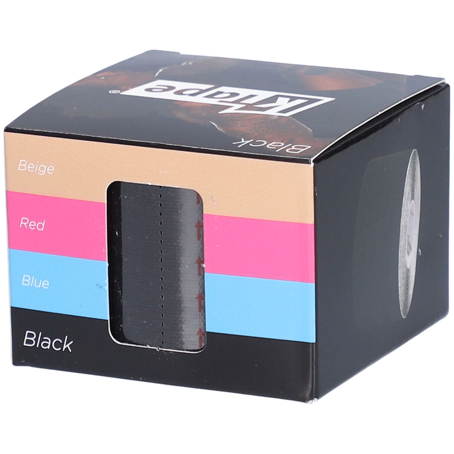 Emballage K-TAPE avec fenêtre. Rouleau noir visible. Bandes de couleur : beige, rouge, bleu.