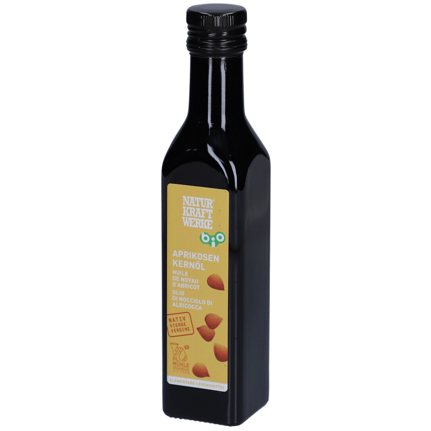 Bouteille en verre foncé avec bouchon à vis noir. Étiquette jaune avec noyaux d'abricot et sceau bio.