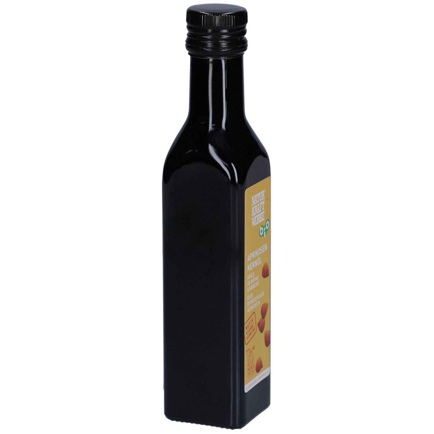 Vue latérale d'une bouteille en verre foncé avec bouchon noir et étiquette jaune.