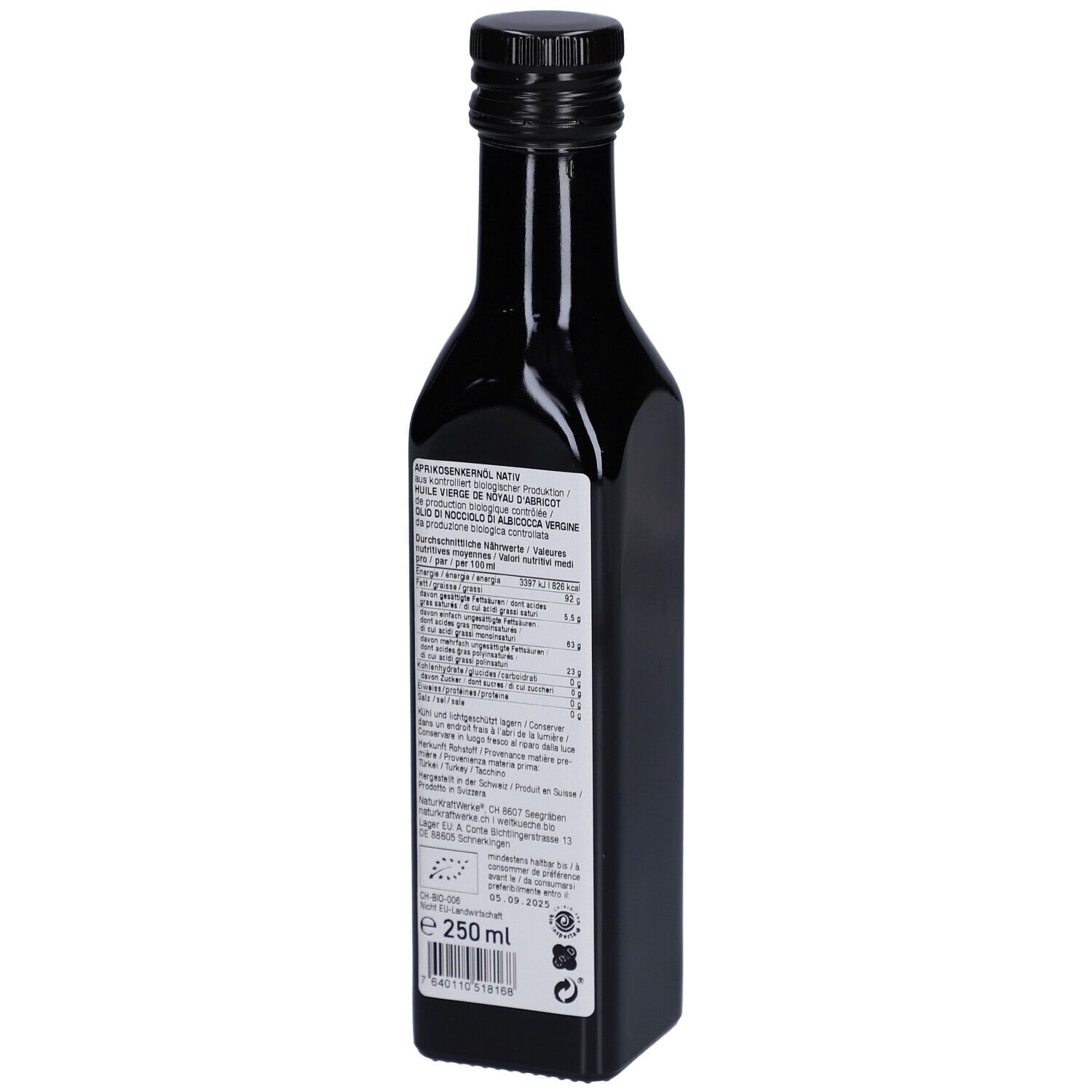 Arrière d'une bouteille en verre foncé avec informations nutritionnelles et certification bio. 250 ml.