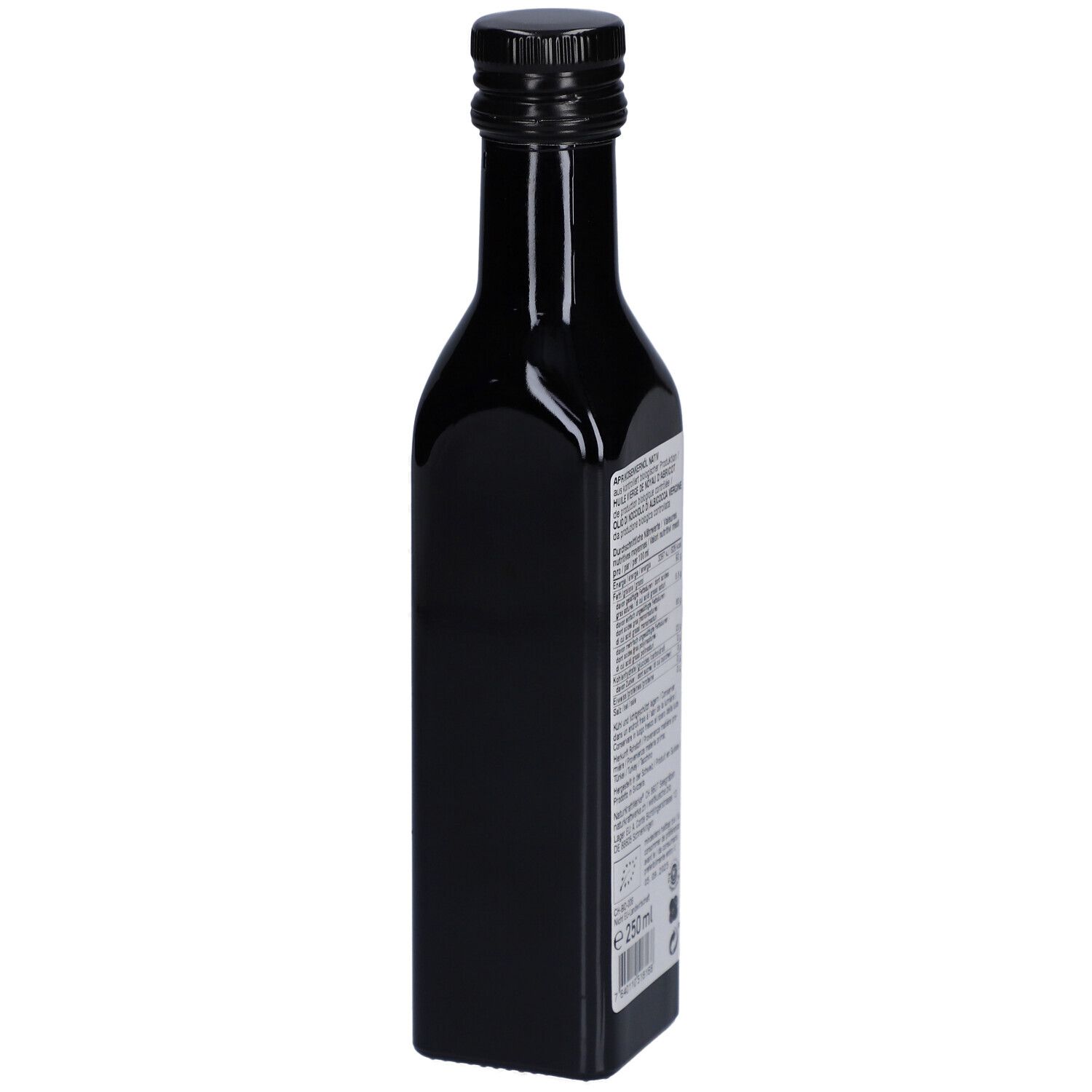 Vue latérale d'une bouteille en verre foncé avec bouchon noir et étiquette jaune.