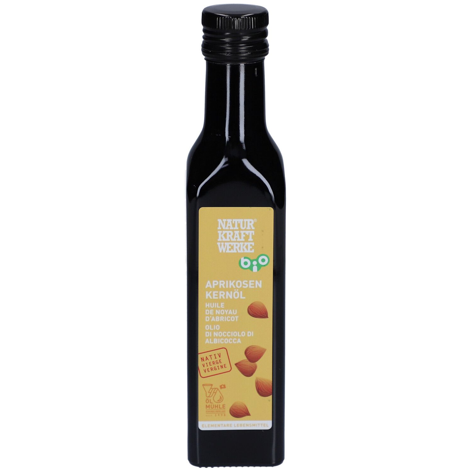 Bouteille en verre foncé avec bouchon à vis noir. Étiquette jaune avec noyaux d'abricot et sceau bio.