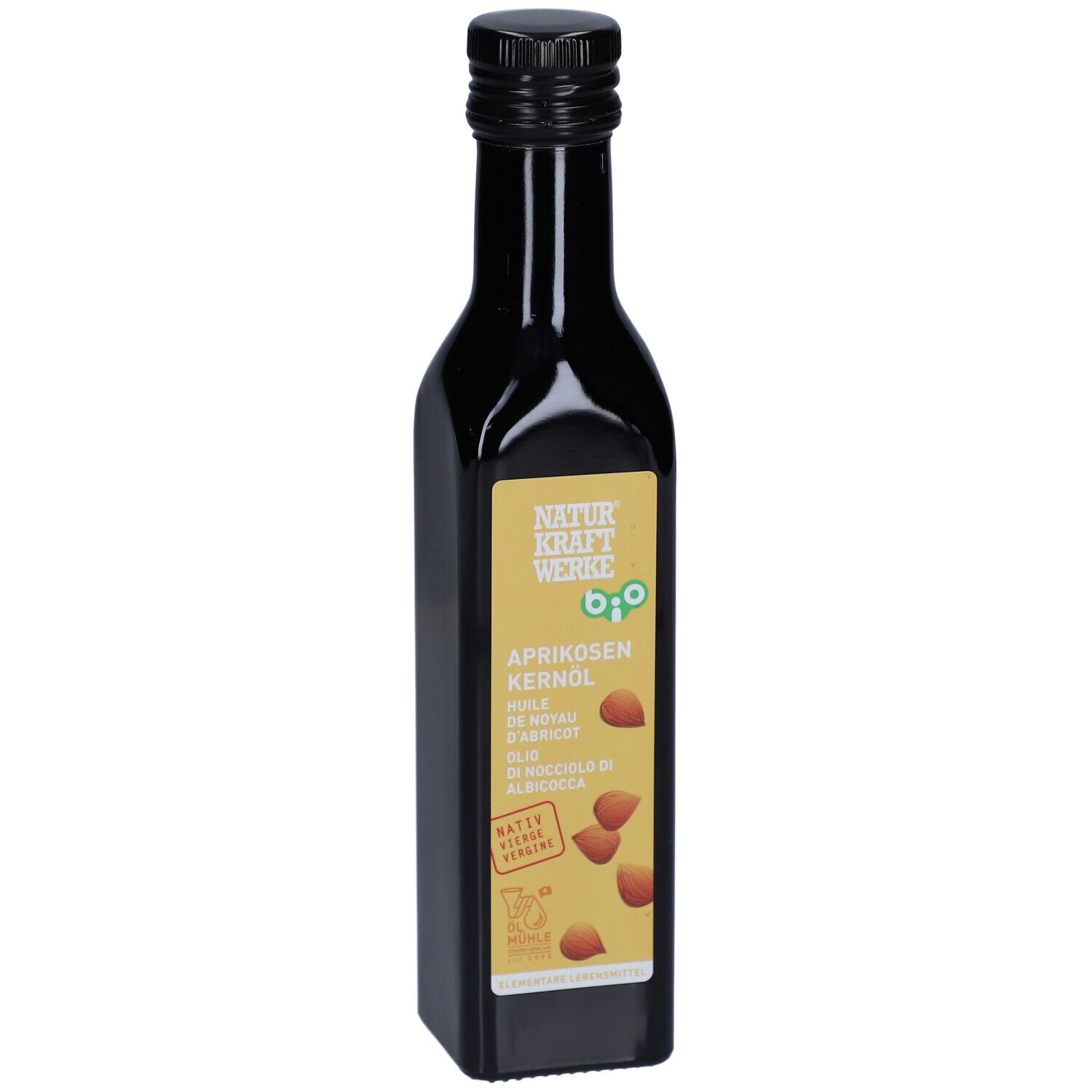 Bouteille en verre foncé avec bouchon à vis noir. Étiquette jaune avec noyaux d'abricot et sceau bio.