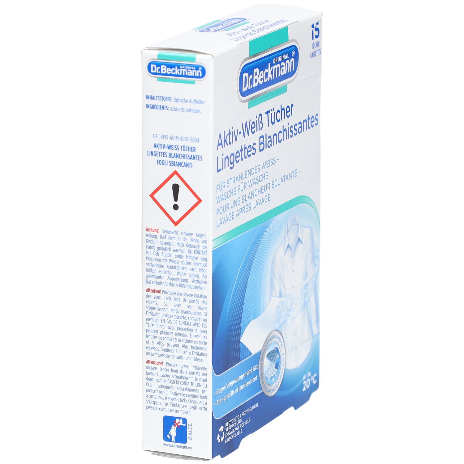Boîte "Dr. Beckmann Lingettes blanchissantes". 15 lingettes. Vue latérale. Symbole d'avertissement.