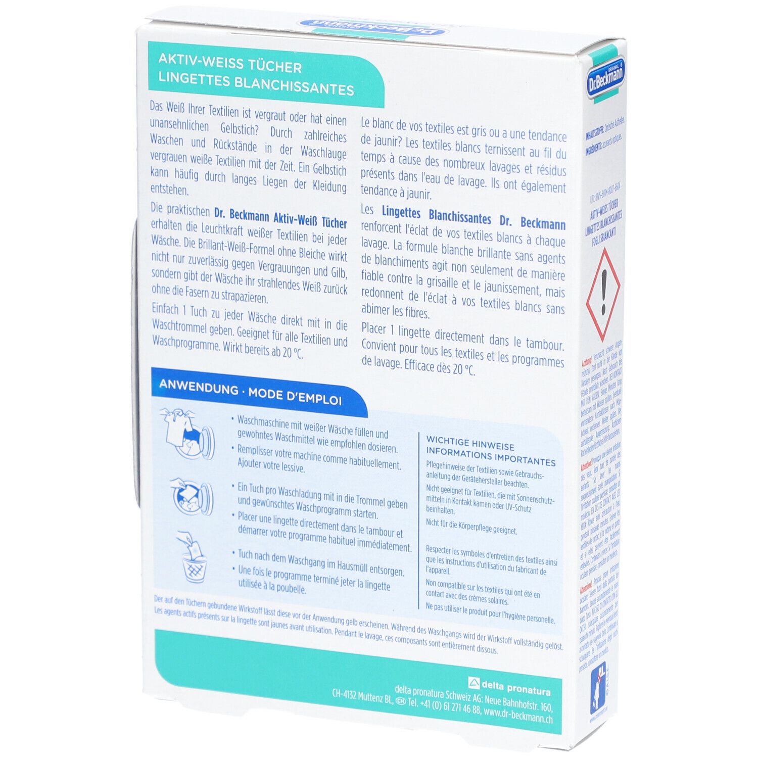 Dos de la boîte "Dr. Beckmann Lingettes blanchissantes". Texte en allemand et français.