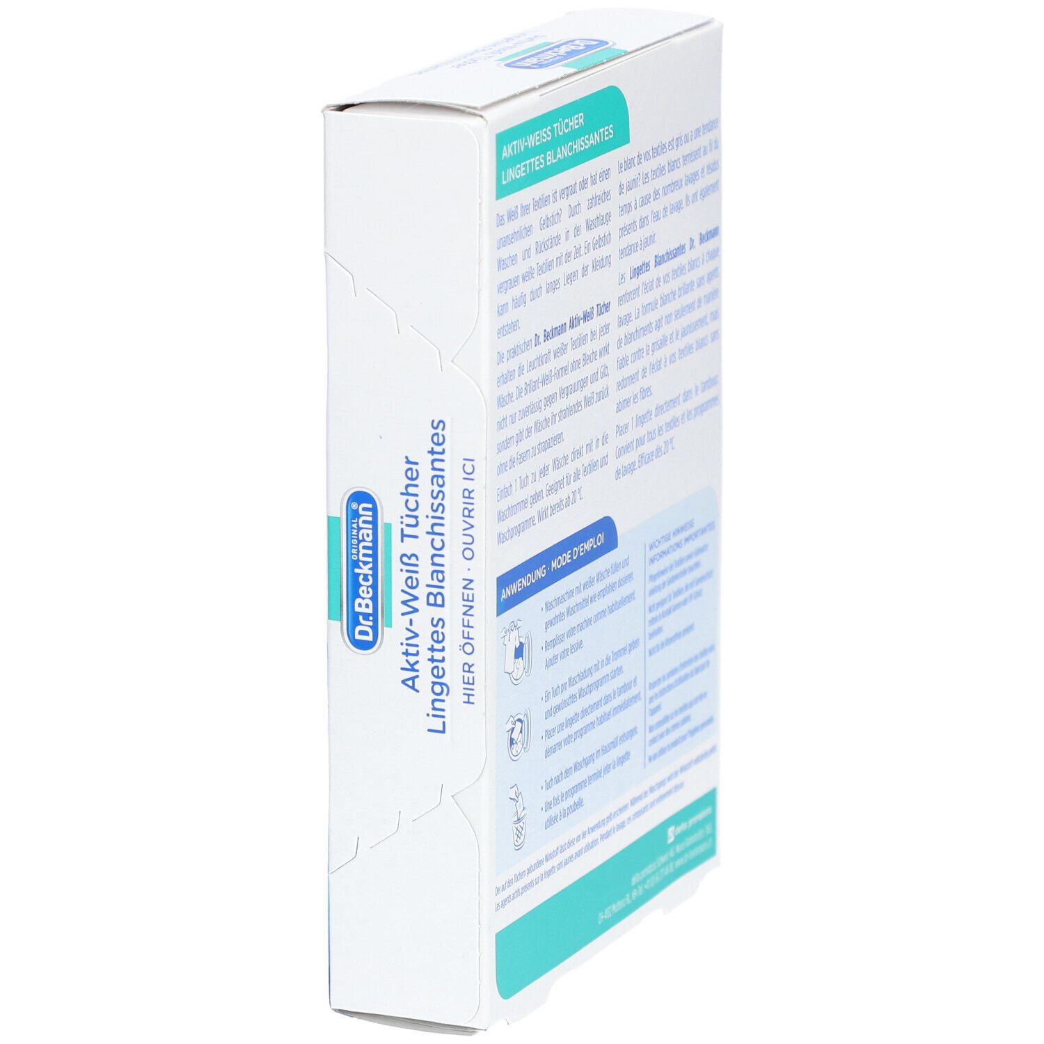 Vue latérale de la boîte "Dr. Beckmann Lingettes blanchissantes". Texte et pictogrammes.